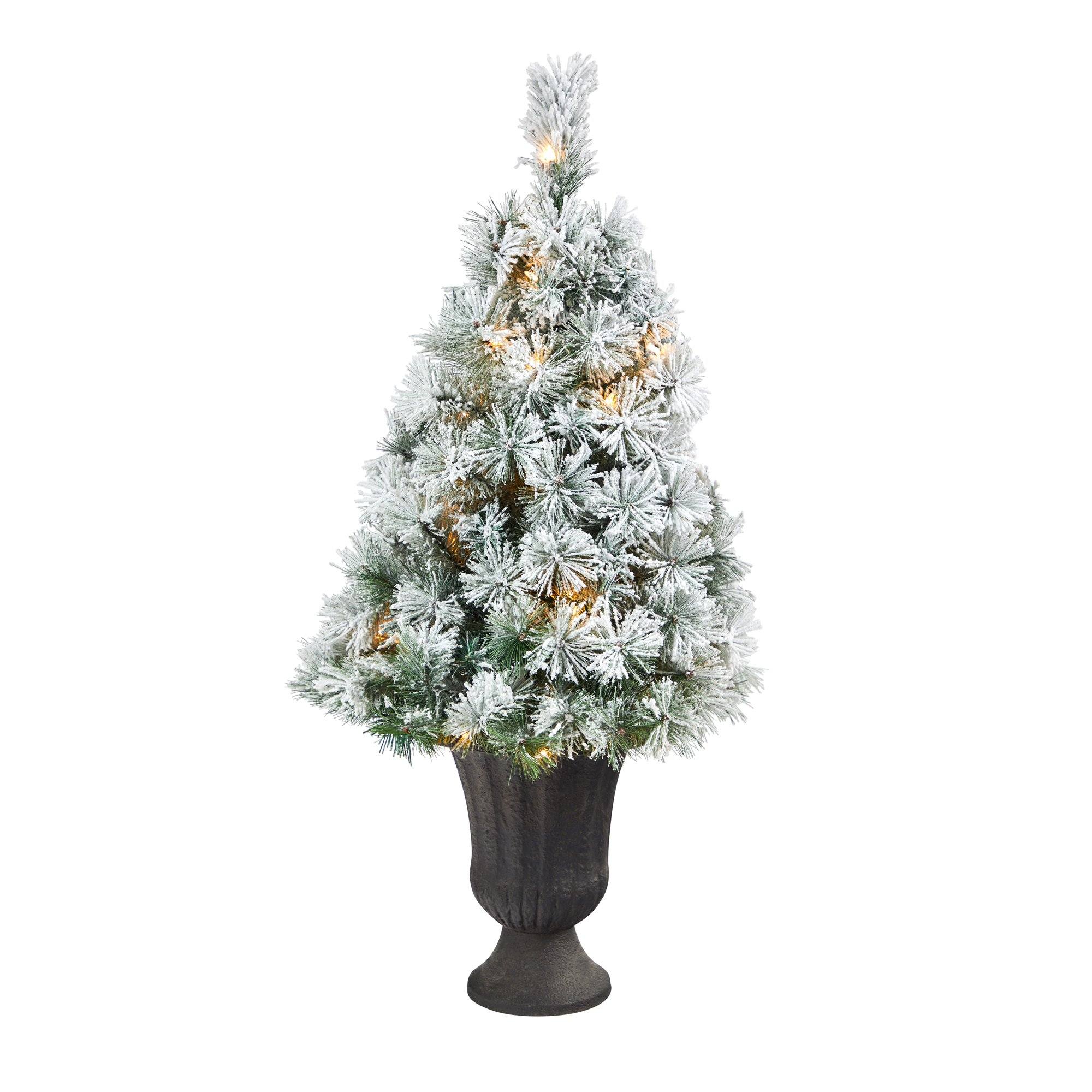  44” Flocked Oregon Pine Artificial Christmas Tree with 50 Clear Lights and 113 Bendable Branches in Charcoal Planter 