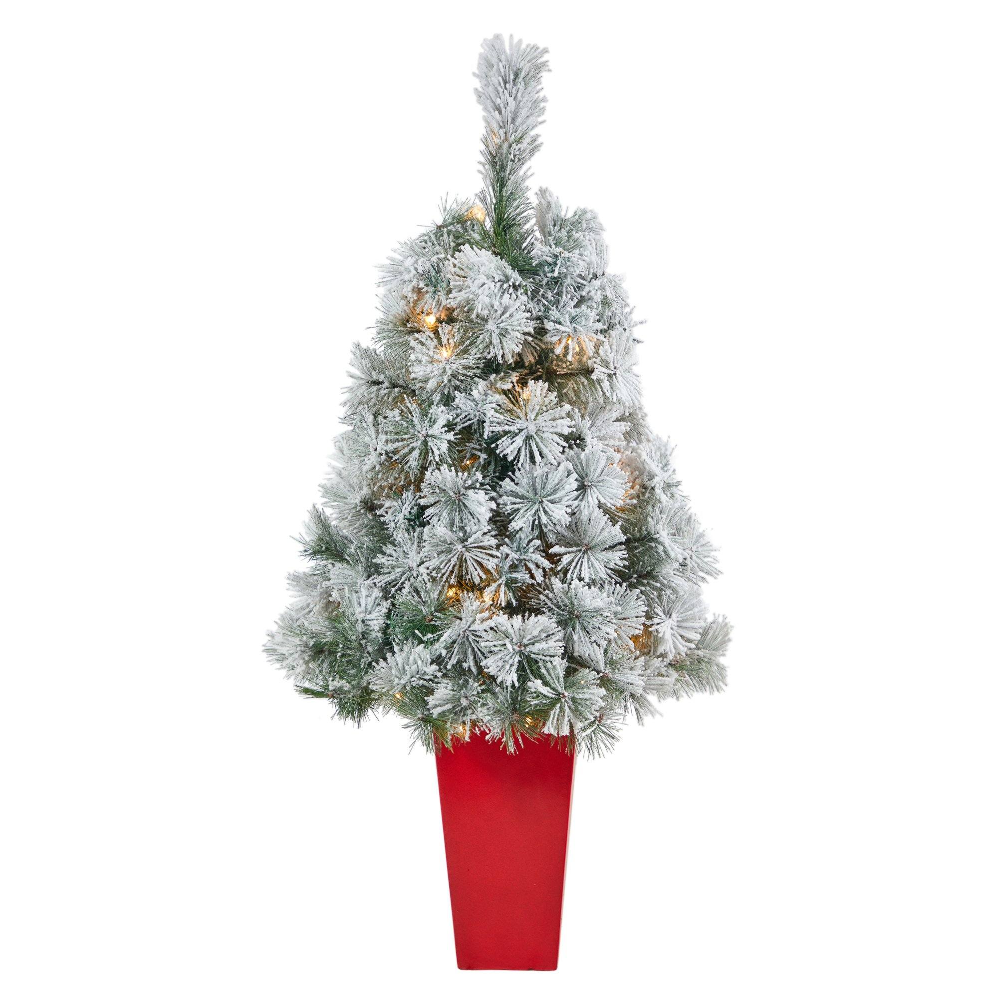  44” Flocked Oregon Pine Artificial Christmas Tree with 50 Clear Lights and 113 Bendable Branches in Red Tower Planter 