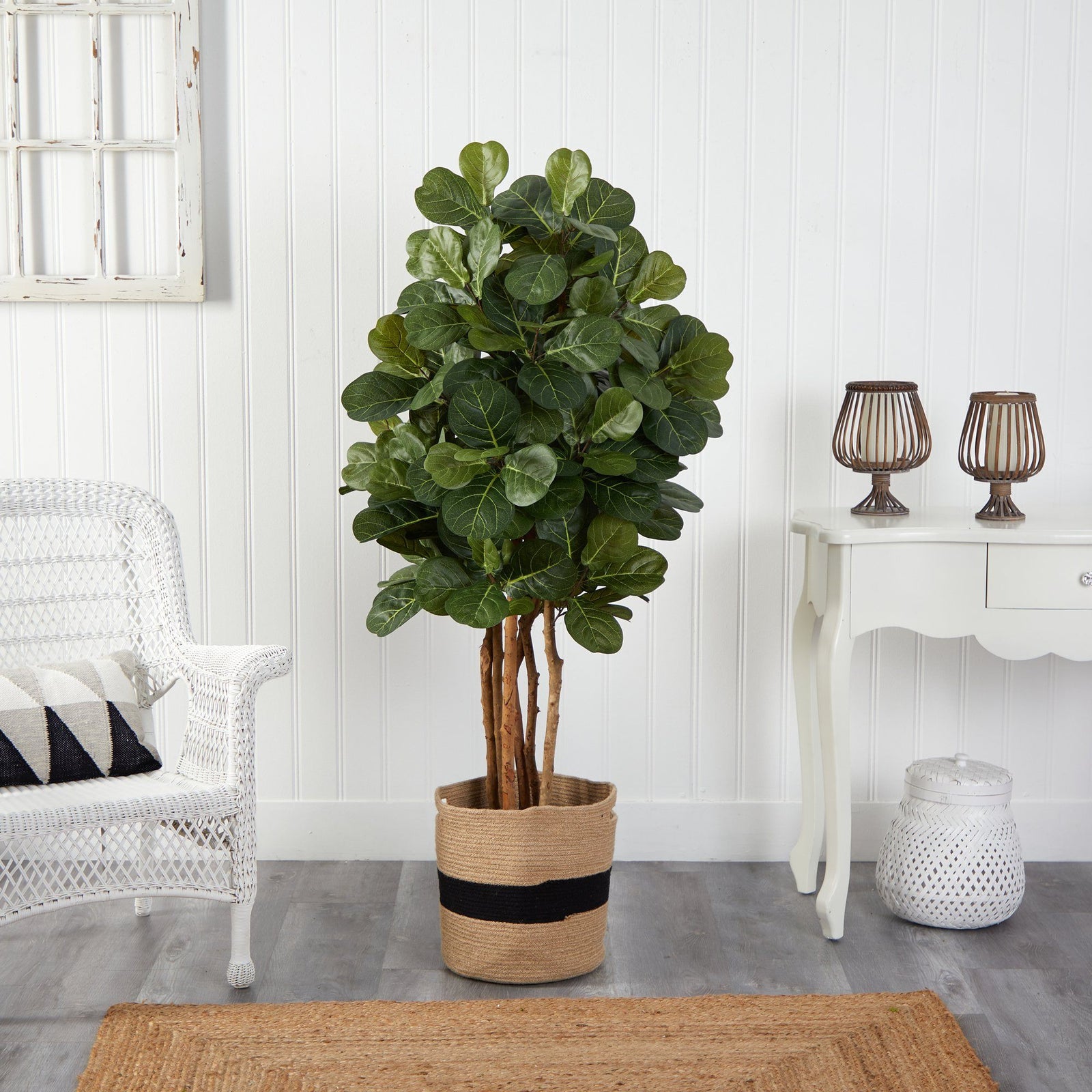 5’ Fiddle Leaf Fig Artificial Tree in Handmade Natural Cotton Planter ...