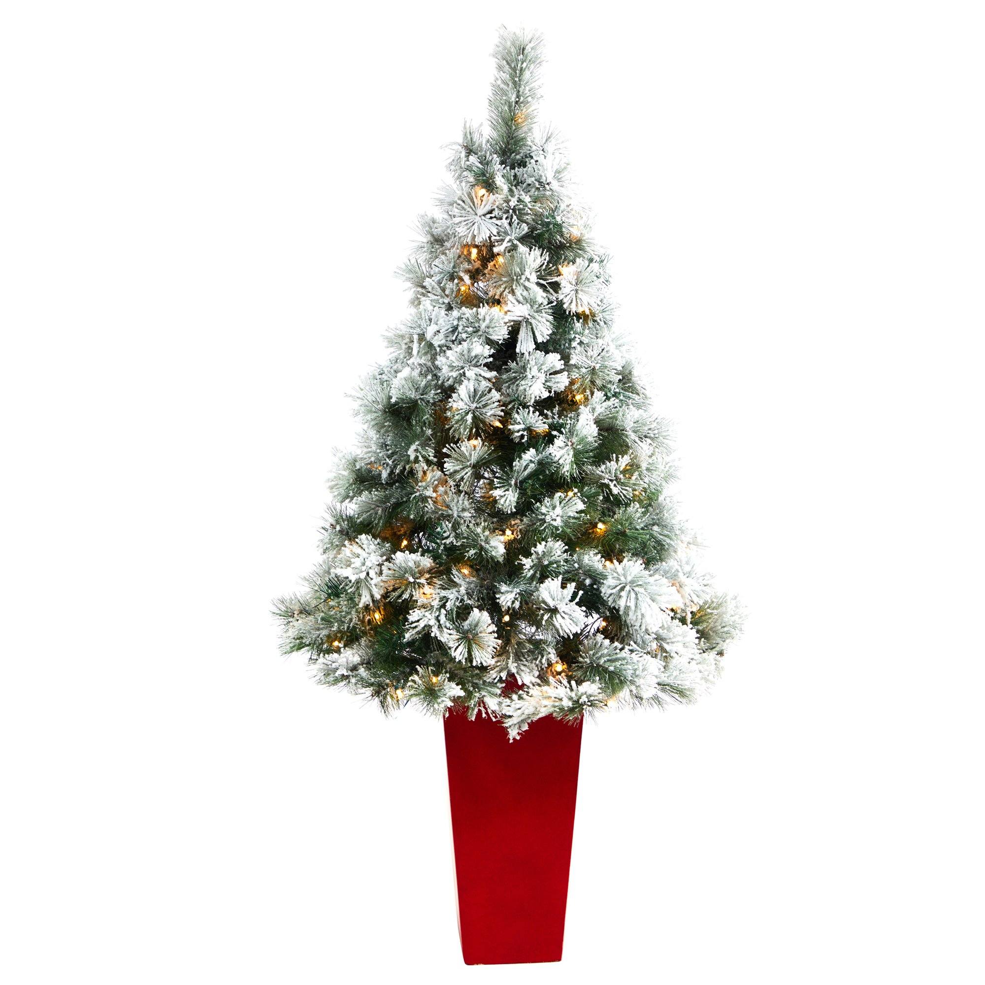  5’ Flocked Oregon Pine Artificial Christmas Tree with 100 Clear Lights and 215 Bendable Branches in Red Tower Planter 