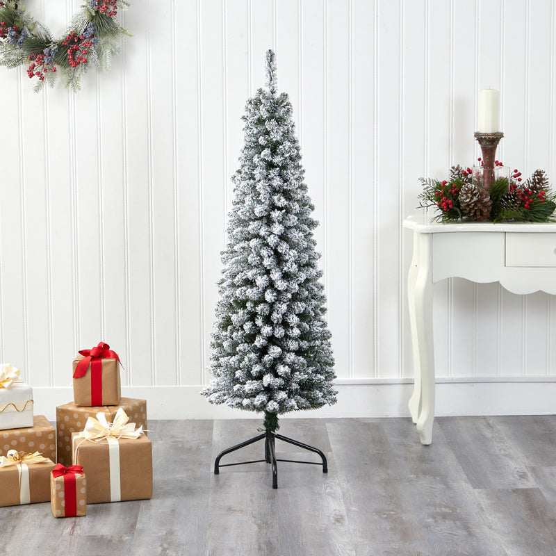 5’ Flocked Pencil Artificial Christmas Tree with 318 Bendable Branches ...