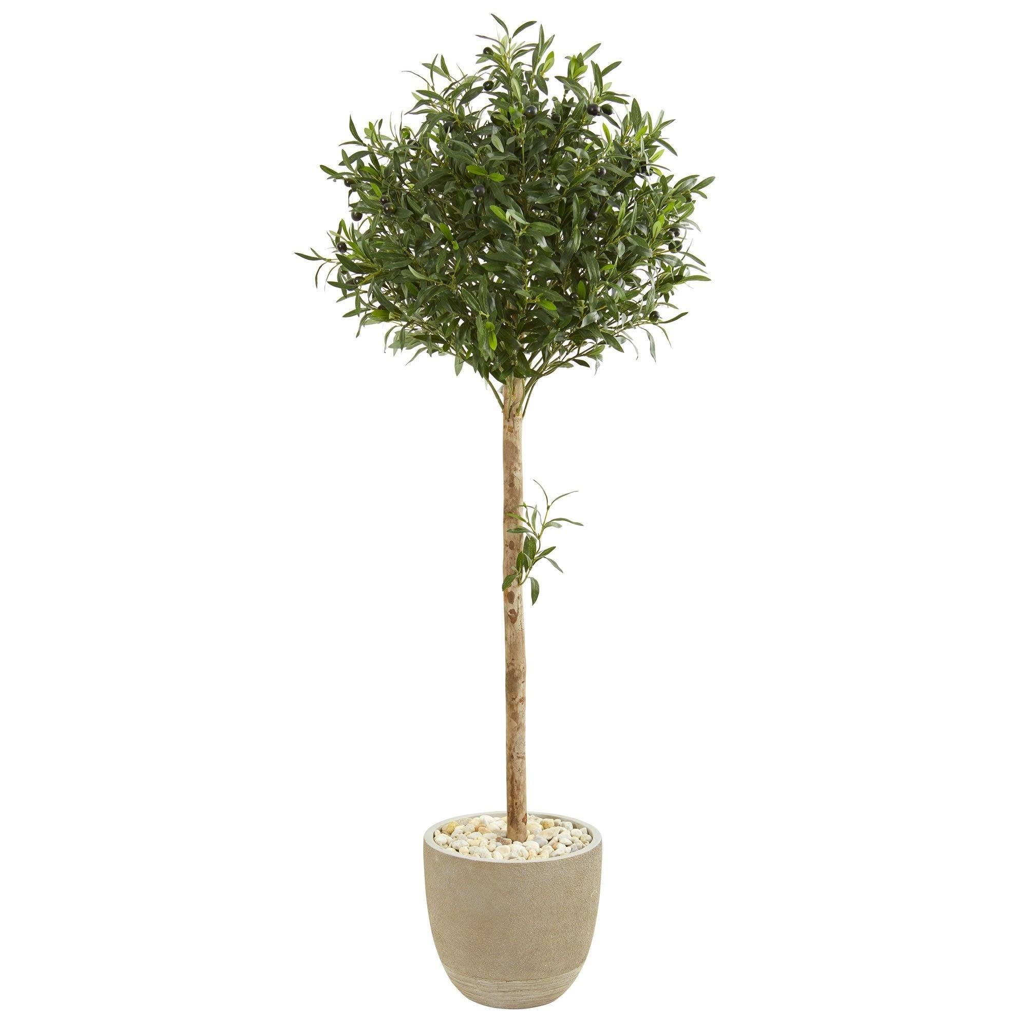 Image of 5’ Olive Topiary Artificial Tree in Sand Stone Planter