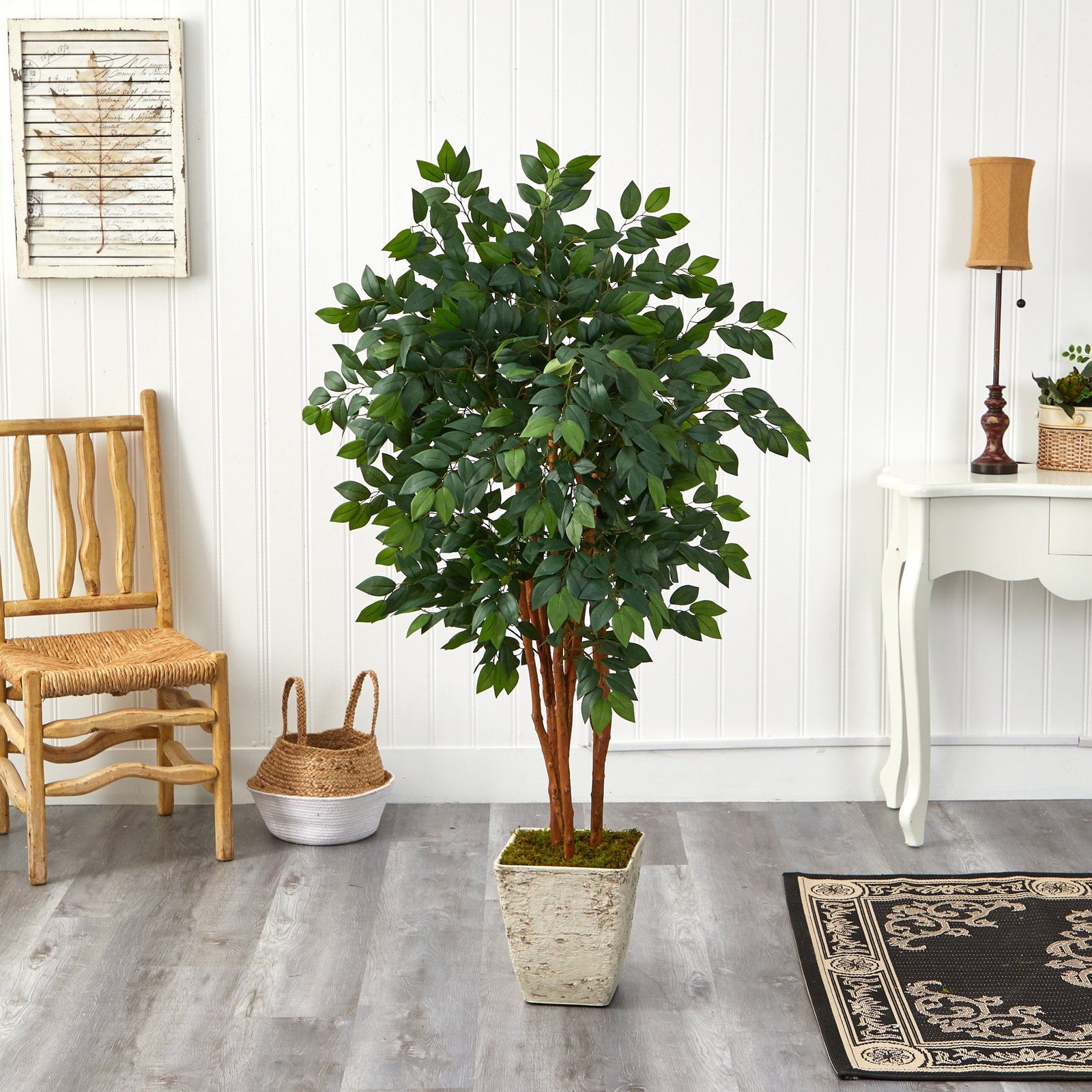 5’ Sakaki Artificial Tree in Country White Planter | Nearly Natural
