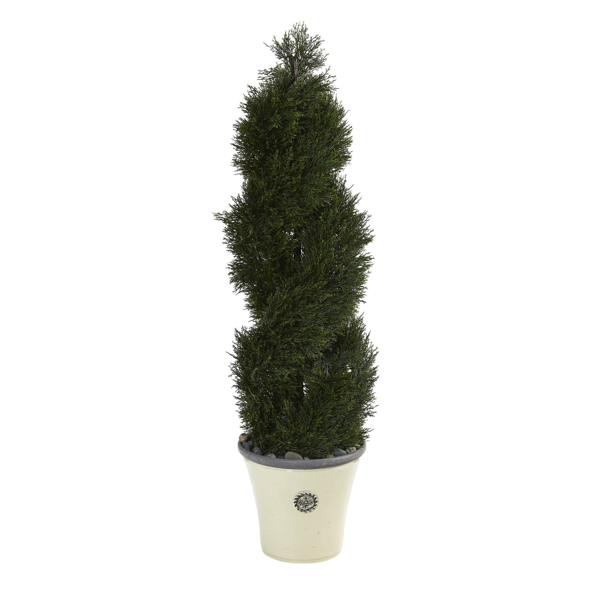 52” Double Pond Cypress Spiral Topiary Artificial Tree in Planter UV ...