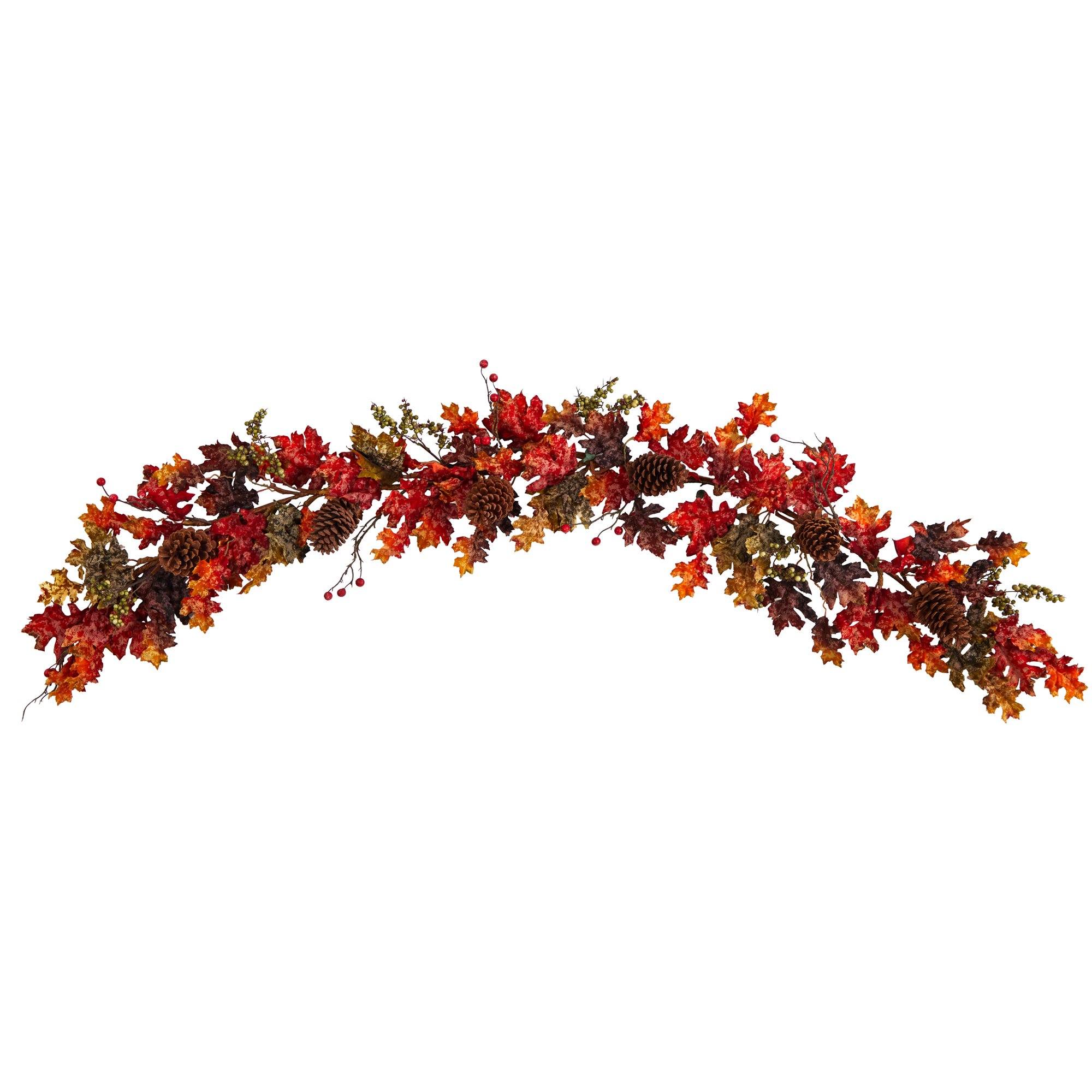  6’ Autumn Maple Leaves, Berry and Pinecones Fall Artificial Garland 