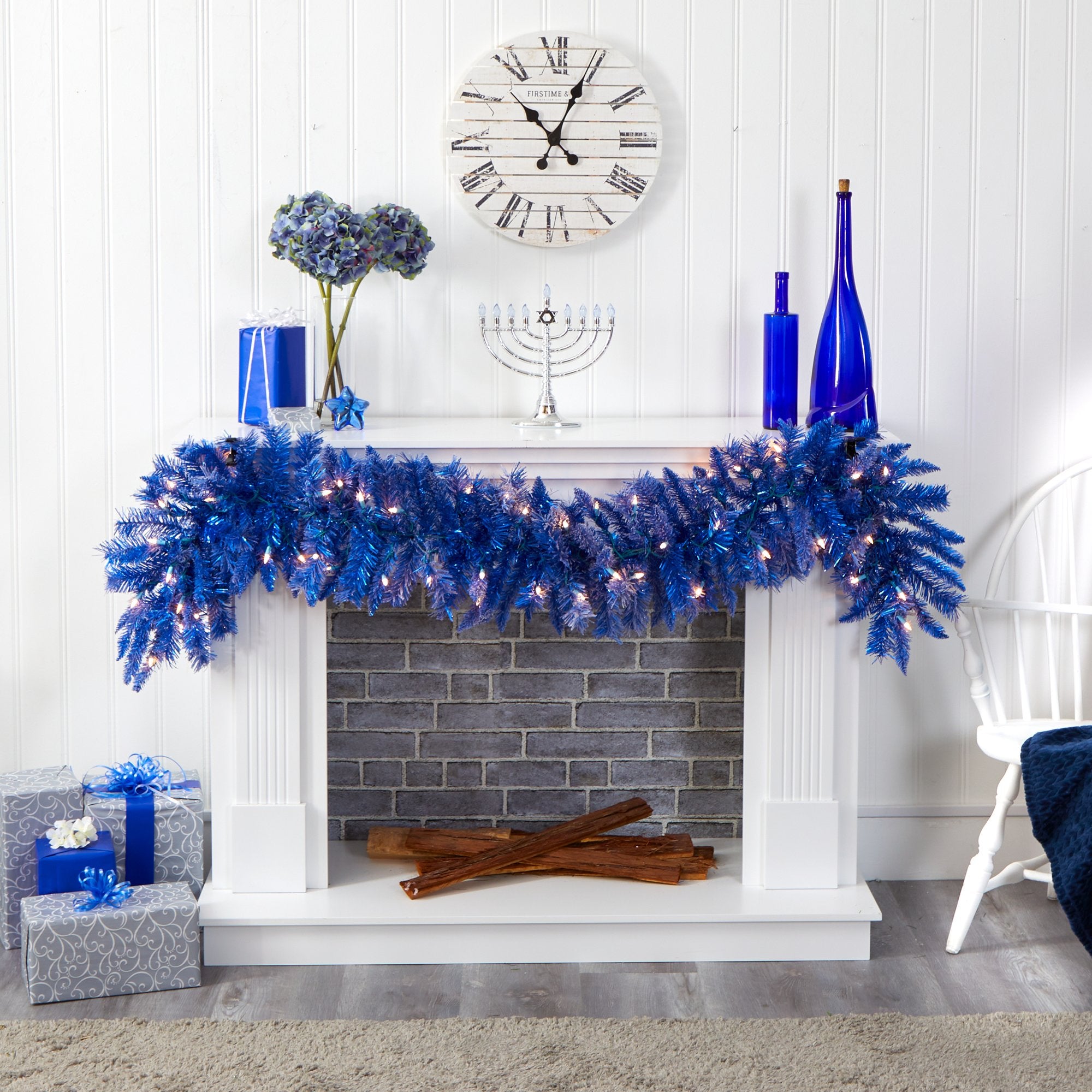 6' Blue Artificial Christmas Garland with 50 Warm White Lights | Nearly