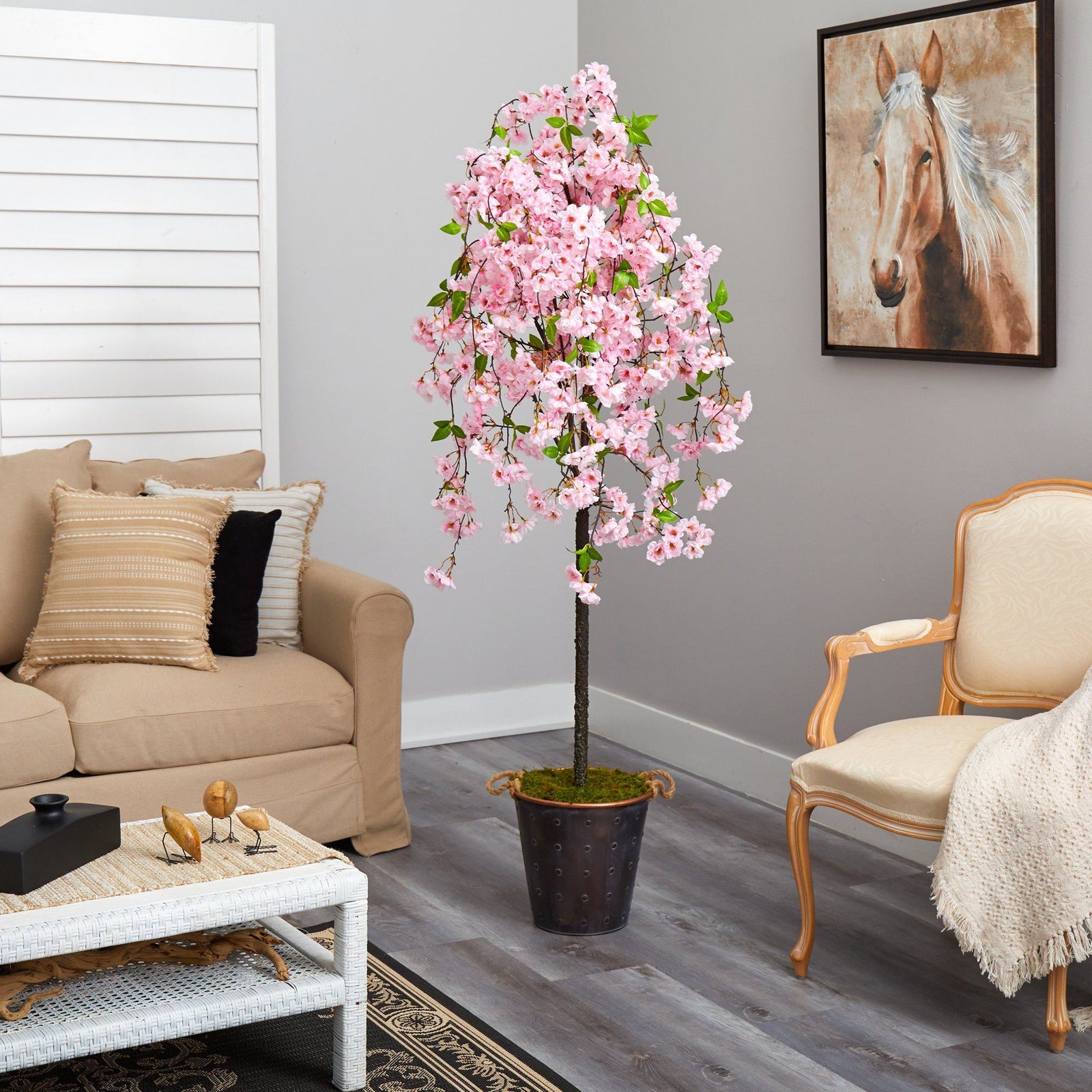 6' Cherry Blossom Artificial Tree in Decorative Metal Pail with Rope ...