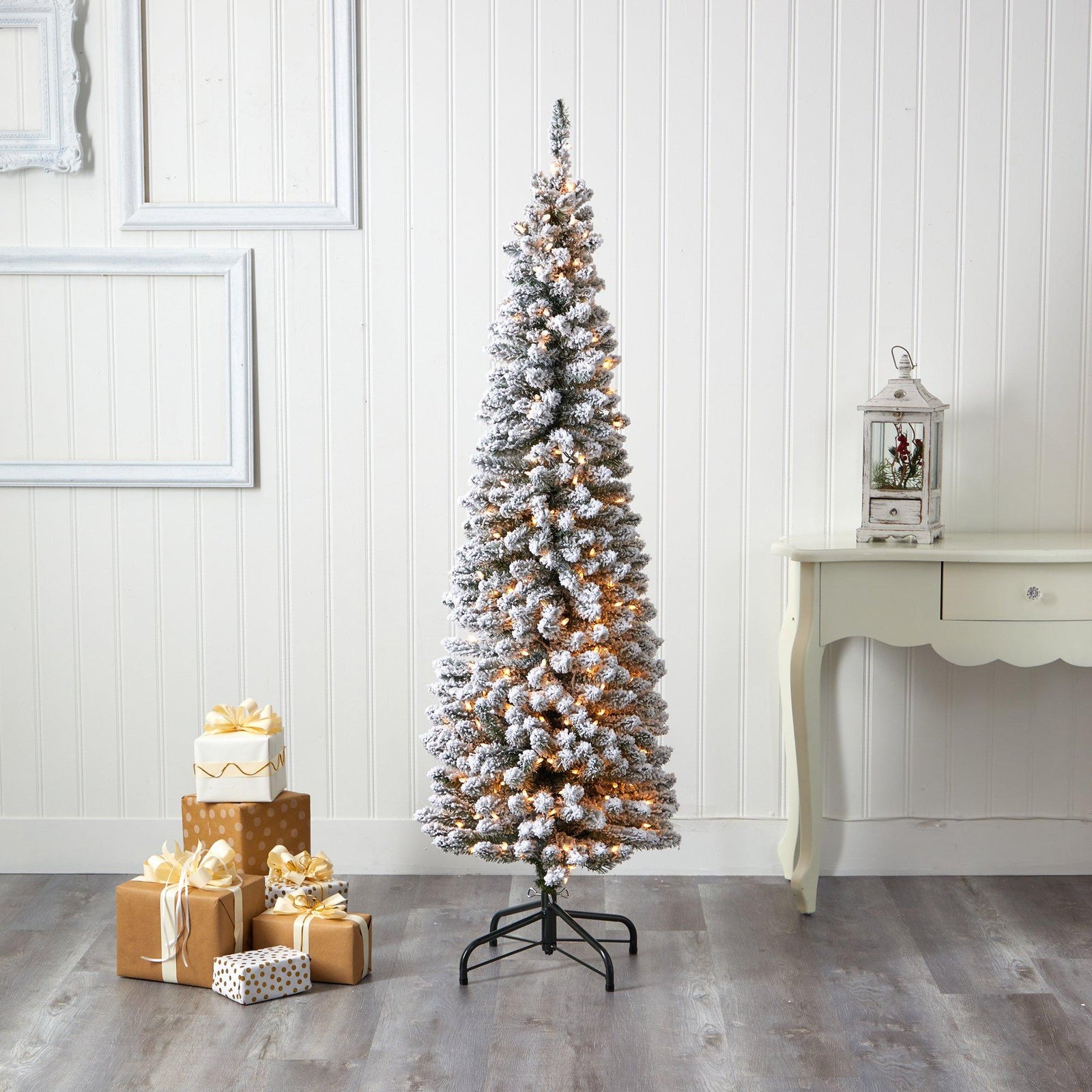 6’ Flocked Pencil Artificial Christmas Tree with 300 Clear Lights and ...