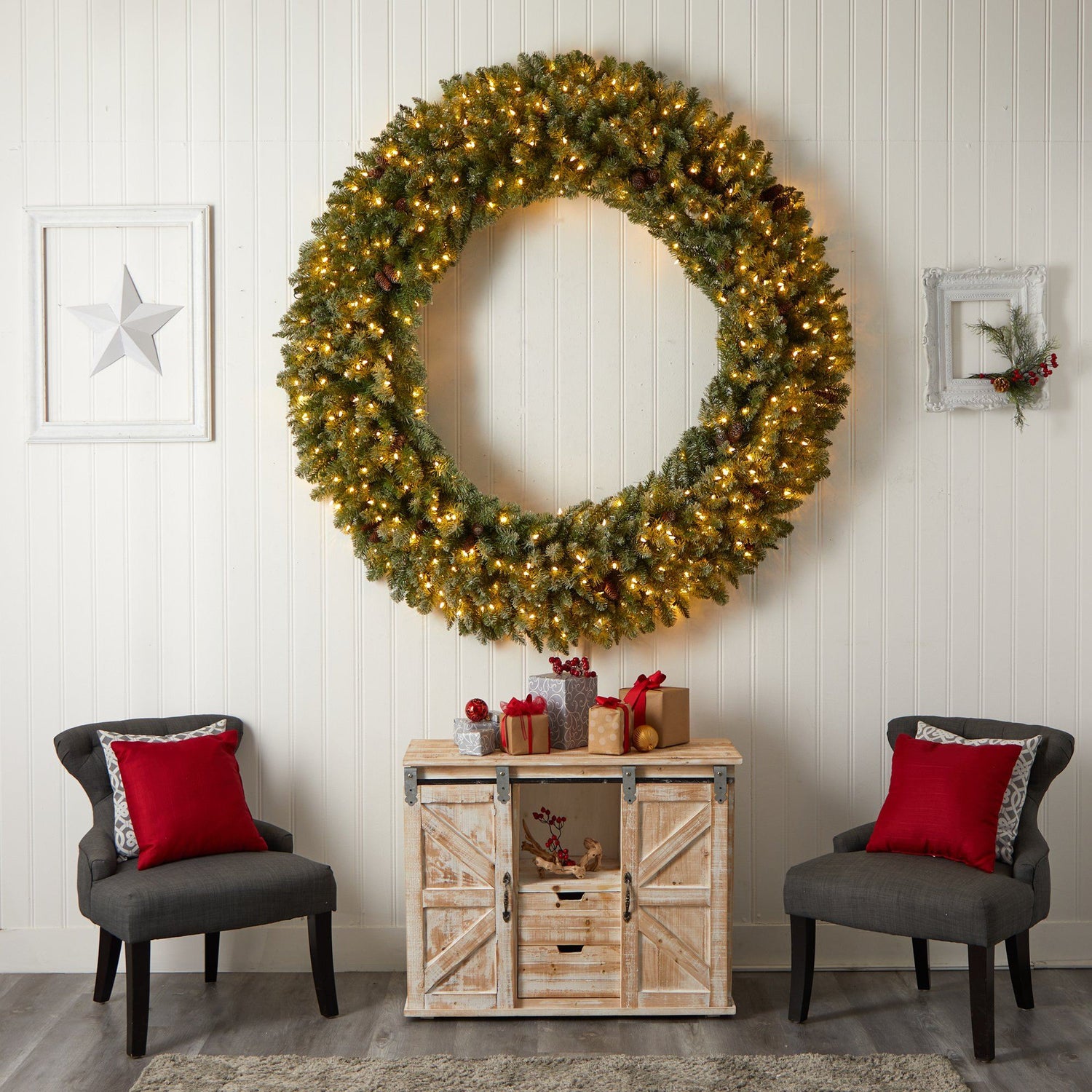 Nearly Natural 3' Holiday Christmas Geometric Diamond Wreath with Pinecones and 50 Warm White LED Lights