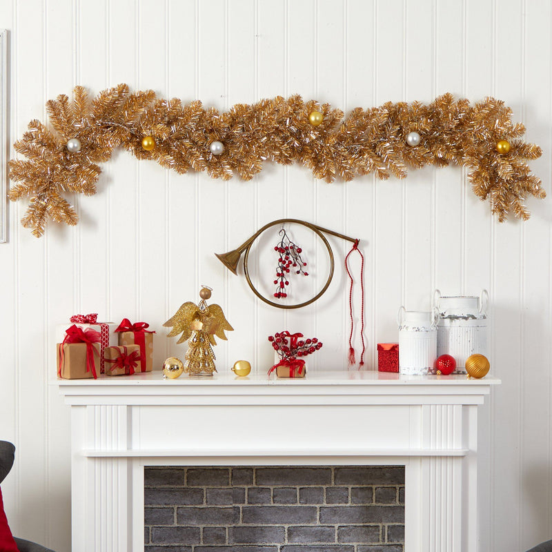 6' Holiday Christmas Golden Garland with Ornaments and 50 Warm White ...