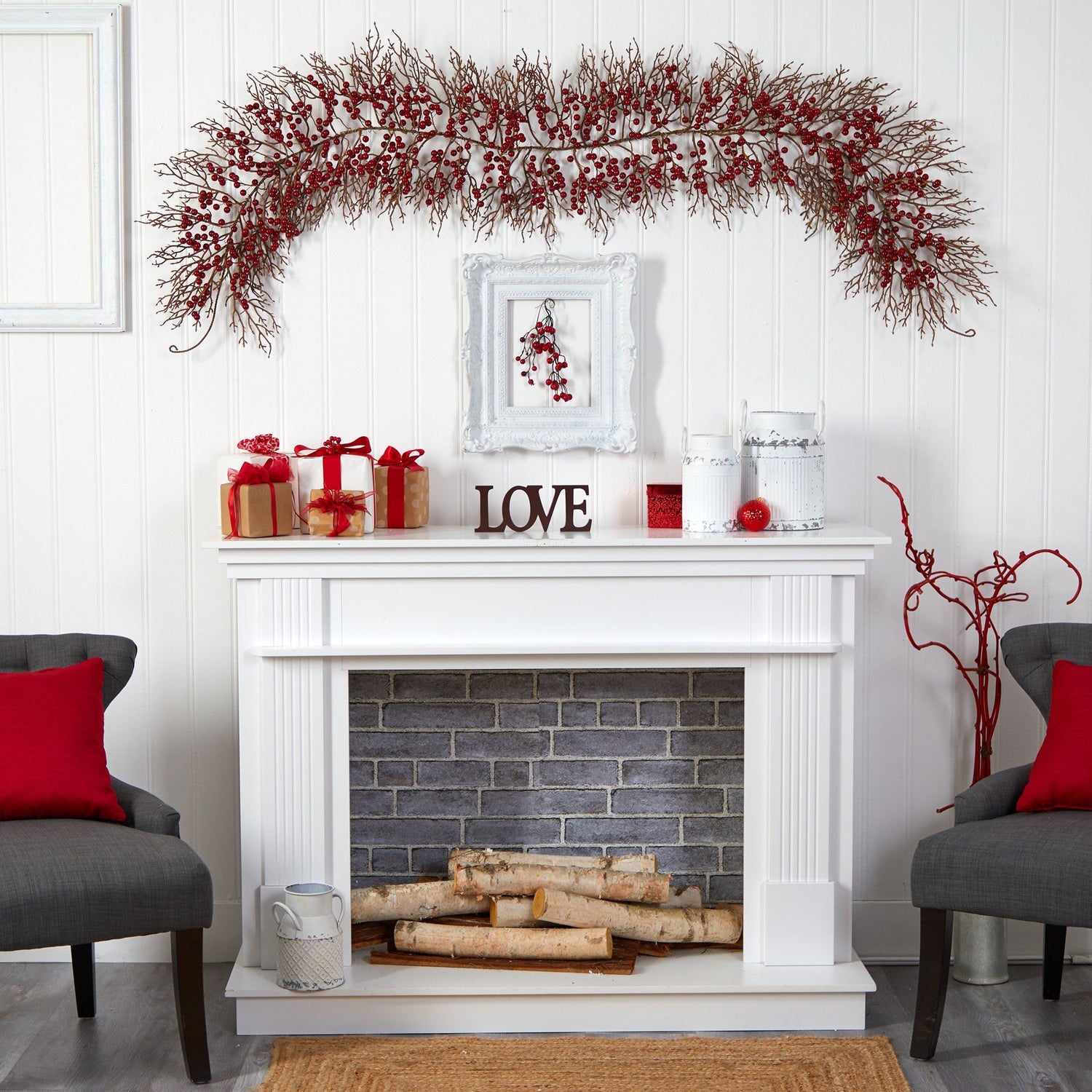 Winter and Christmas Artificial Red Pip Berry Garland - Year Round Rustic  Berries, Farmhouse Home Decor for Table Arrangements, Fireplace Mantel, and