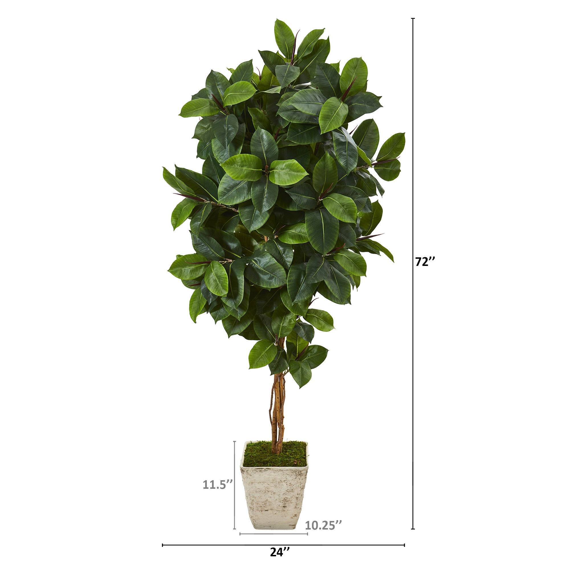 6’ Rubber Leaf Artificial Tree in Country White Planter | Nearly Natural
