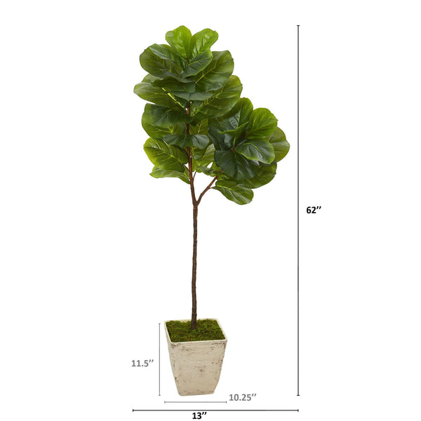 62” Fiddle Leaf Artificial Tree in Country White Planter | Nearly Natural