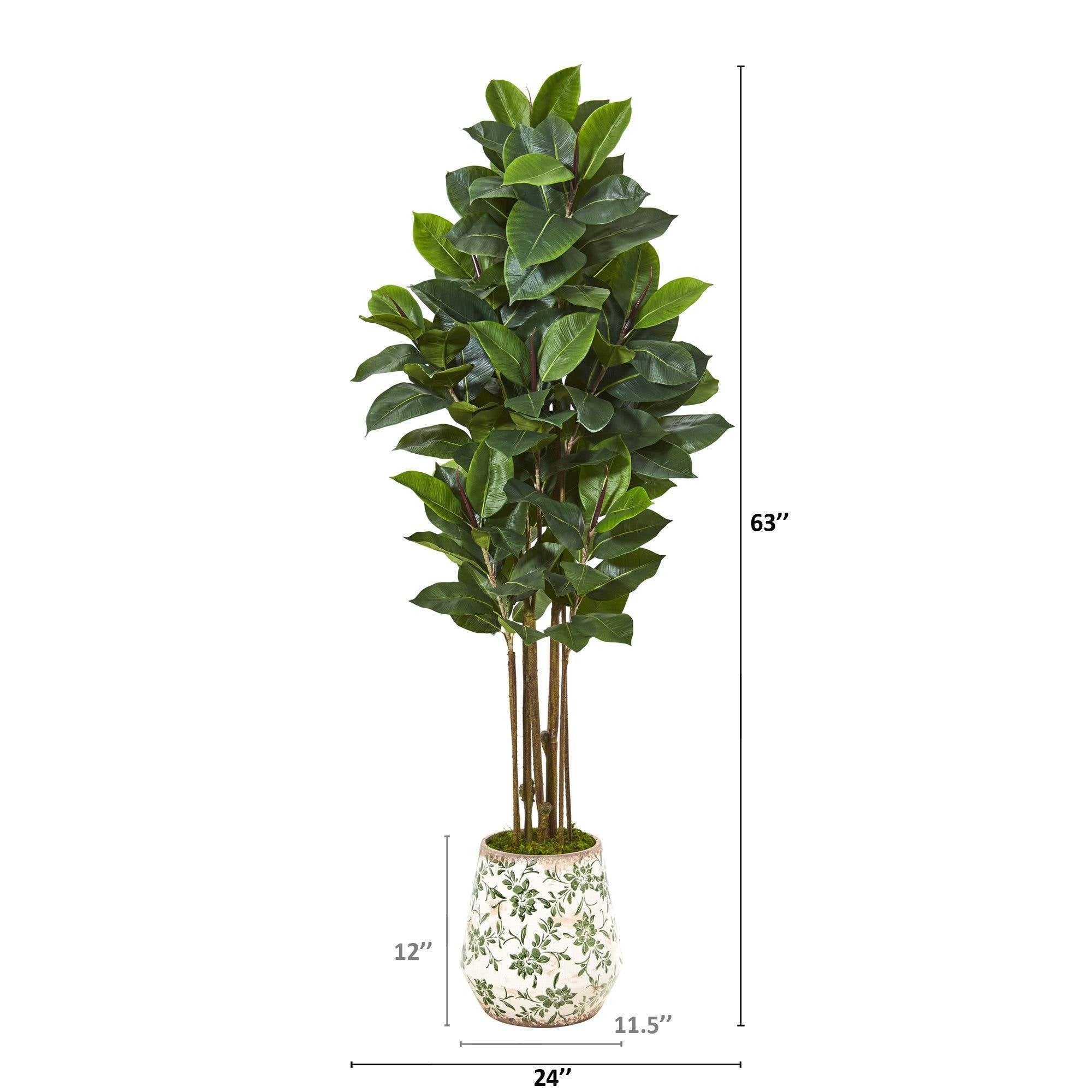 63” Rubber Leaf Artificial Tree in Floral Print Planter | Nearly Natural