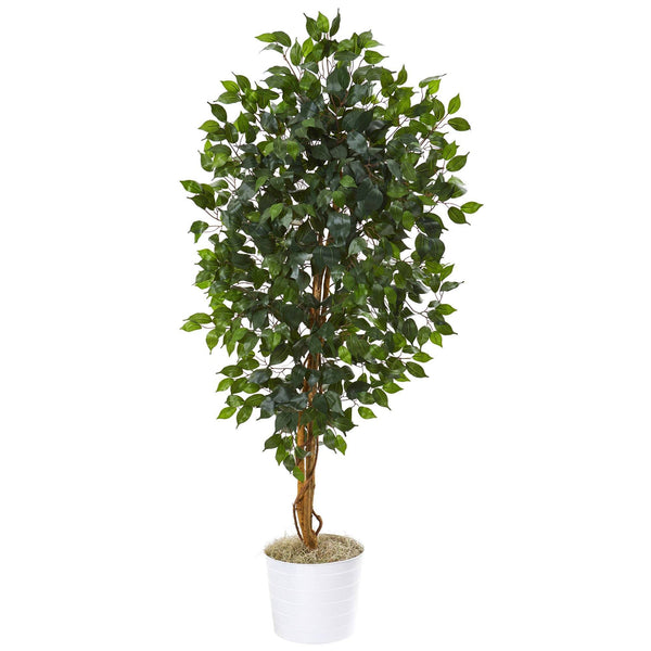 65” Ficus Artificial Tree in White Tin Planter | Nearly Natural