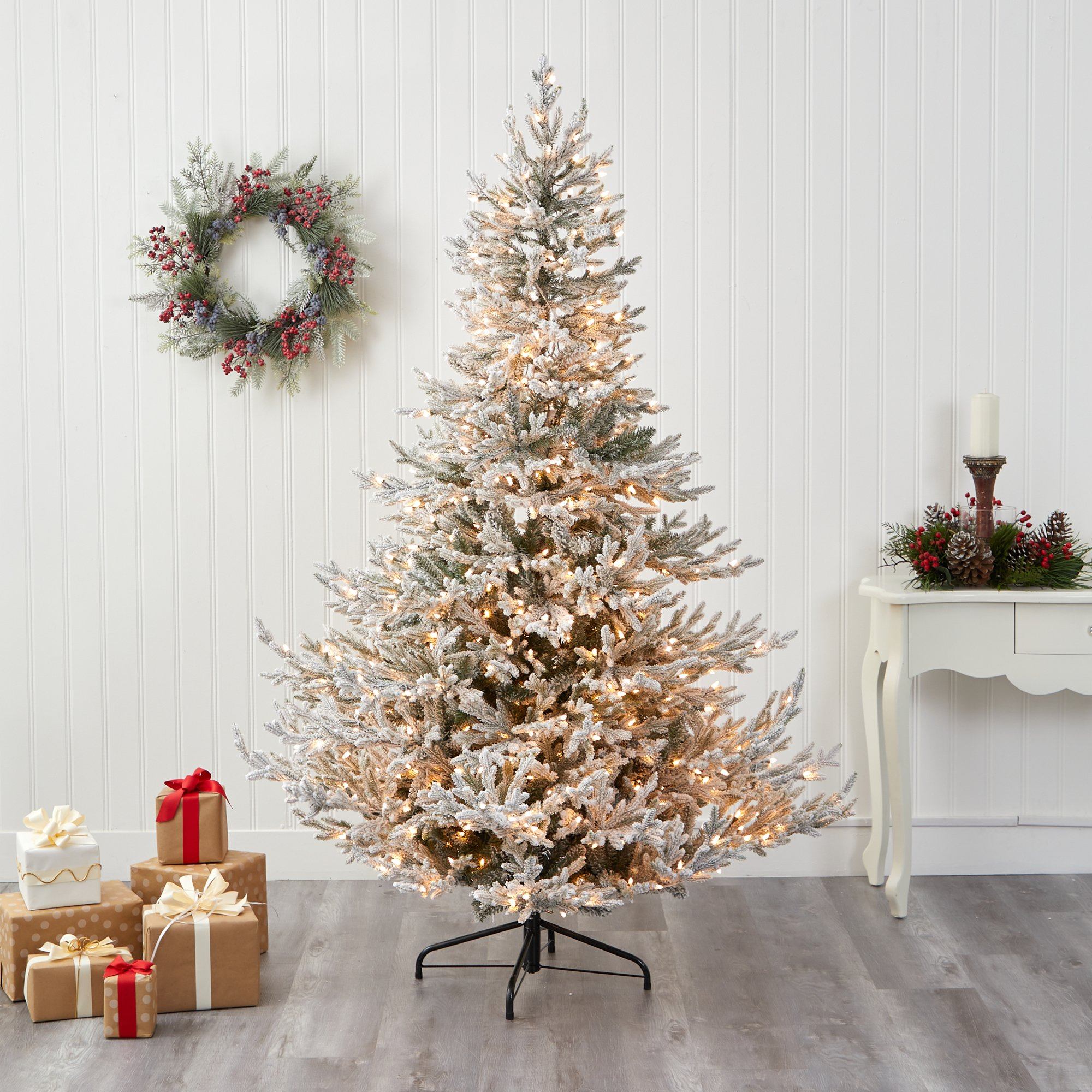 7’ Flocked Fraser Fir Artificial Christmas Tree with 600 Warm White