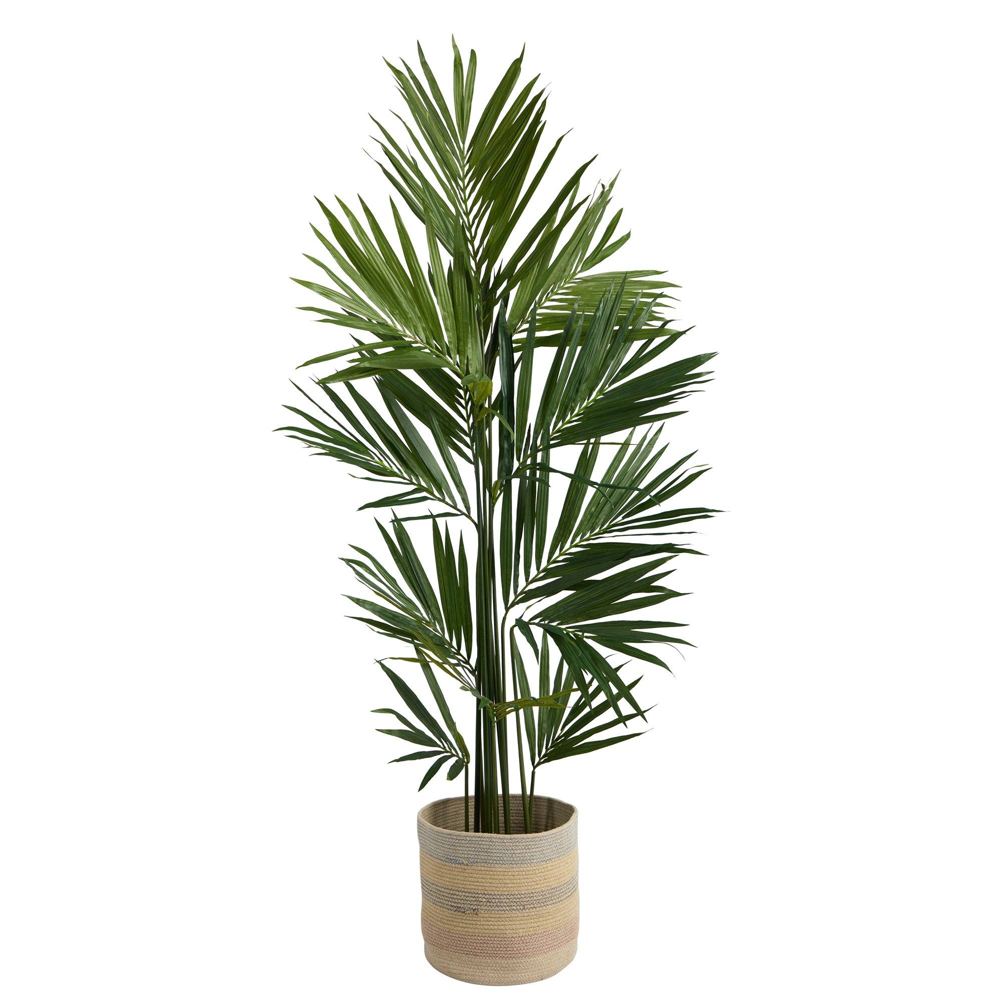 Image of 7’ Kentia Artificial Palm in Handmade Natural Cotton Multicolored Woven Planterr