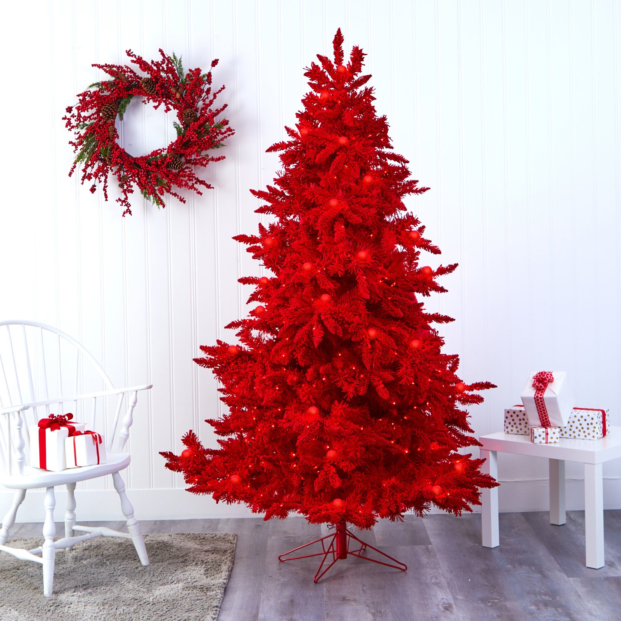 Artificial 7 Red Flocked Fraser Fir Artificial Christmas Tree With 500 Red Lights 40 Globe Bulbs And 1039 Bendable Branches Nearly Natural 352768 ?v=1600788175