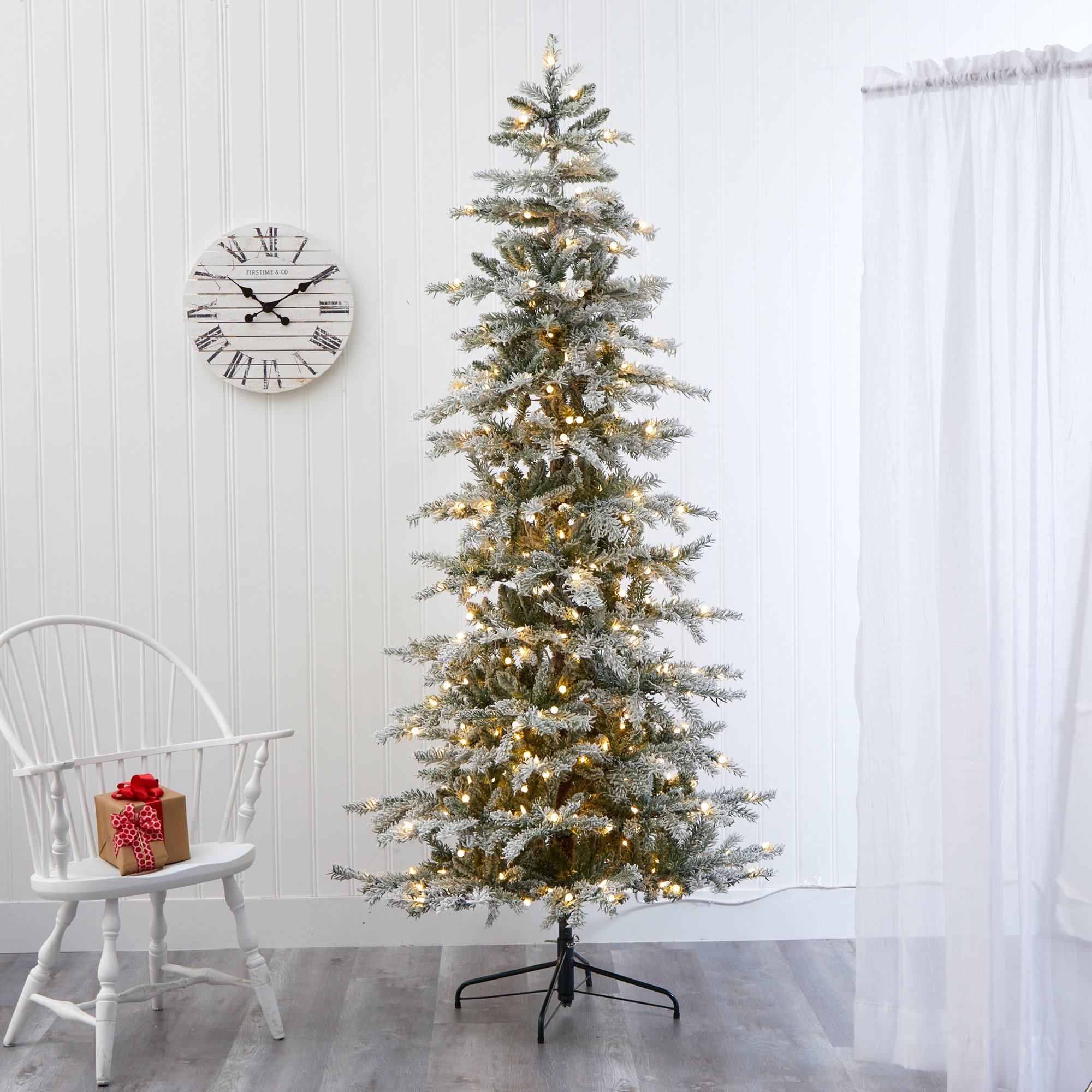 7 5 Slim Flocked Nova Scotia Spruce Artificial Christmas Tree With 450 Warm White Led Lights