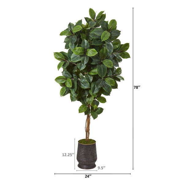 78” Rubber Leaf Artificial Tree in Ribbed Metal Planter | Nearly Natural