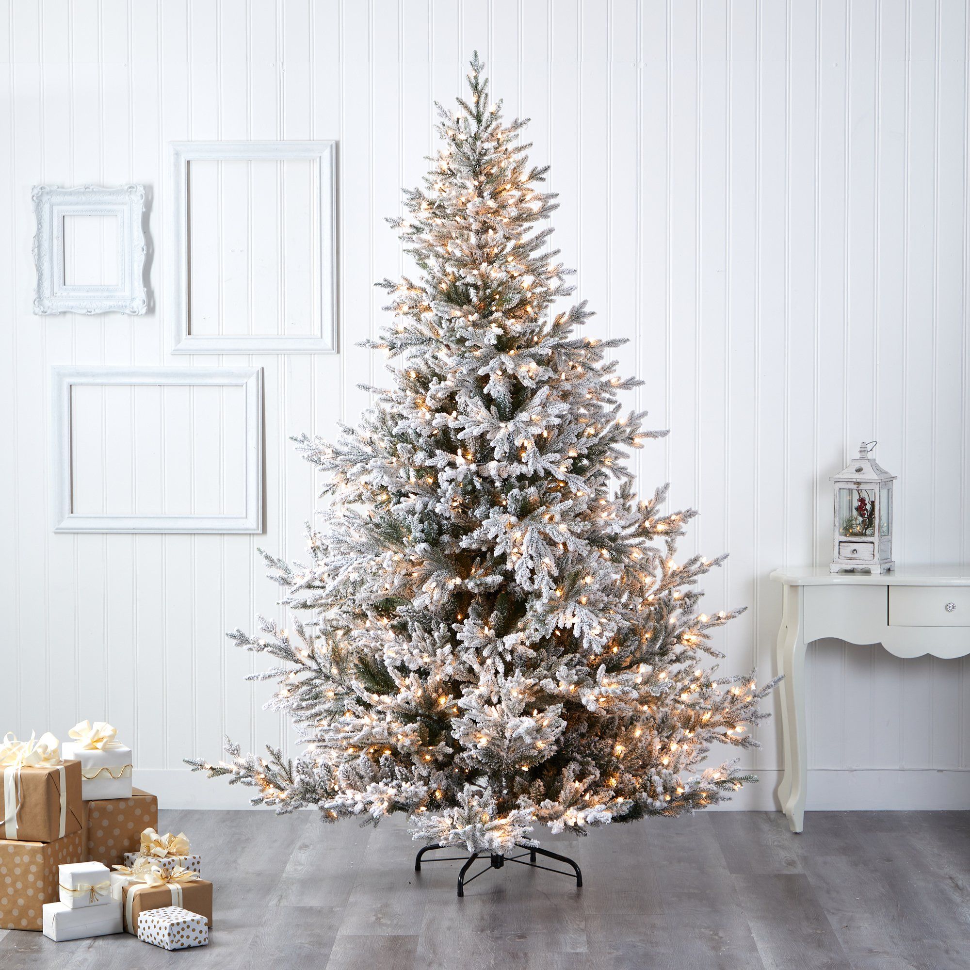 8’ Flocked Fraser Fir Artificial Christmas Tree with 800 Warm White