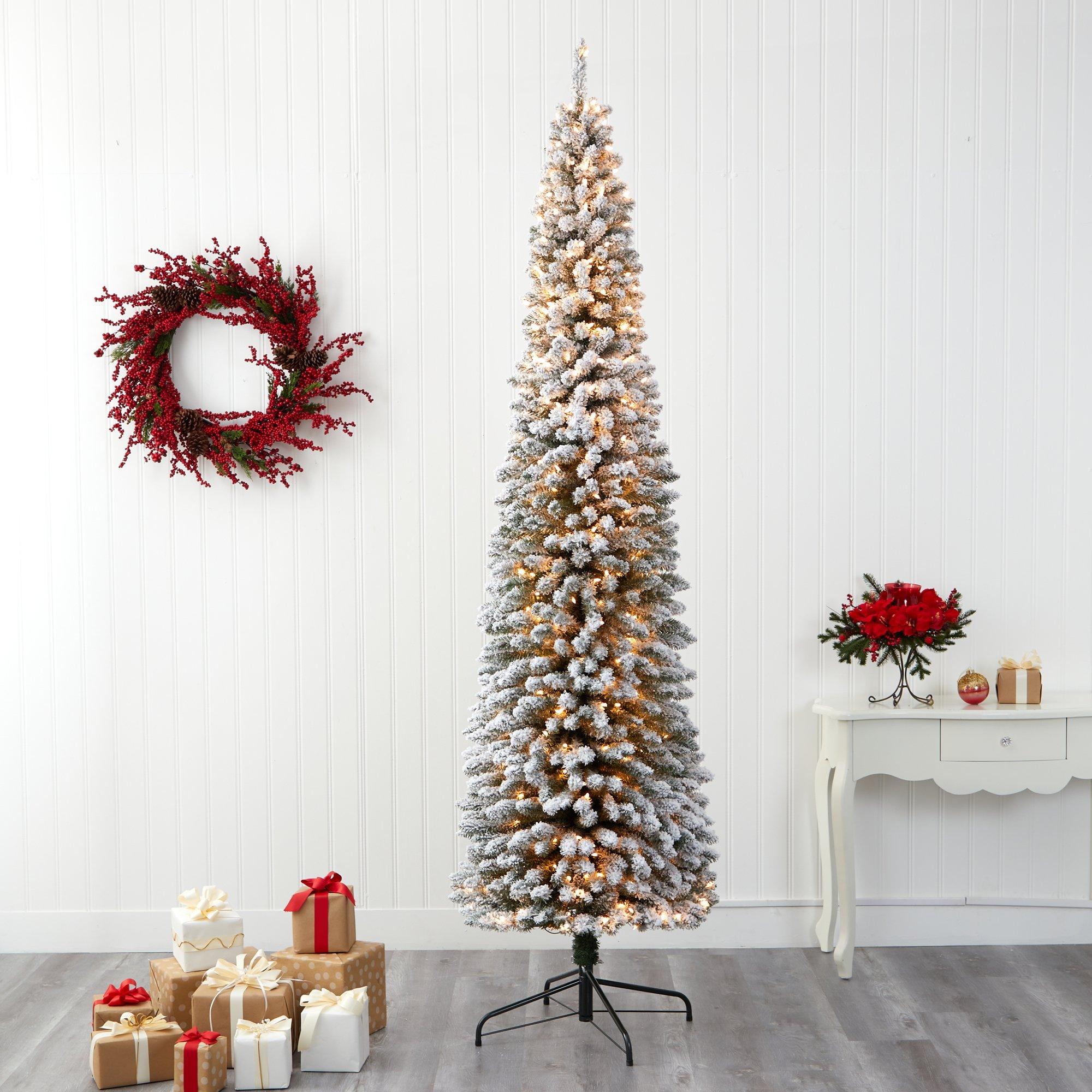 9’ Flocked Pencil Artificial Christmas Tree with 600 Clear