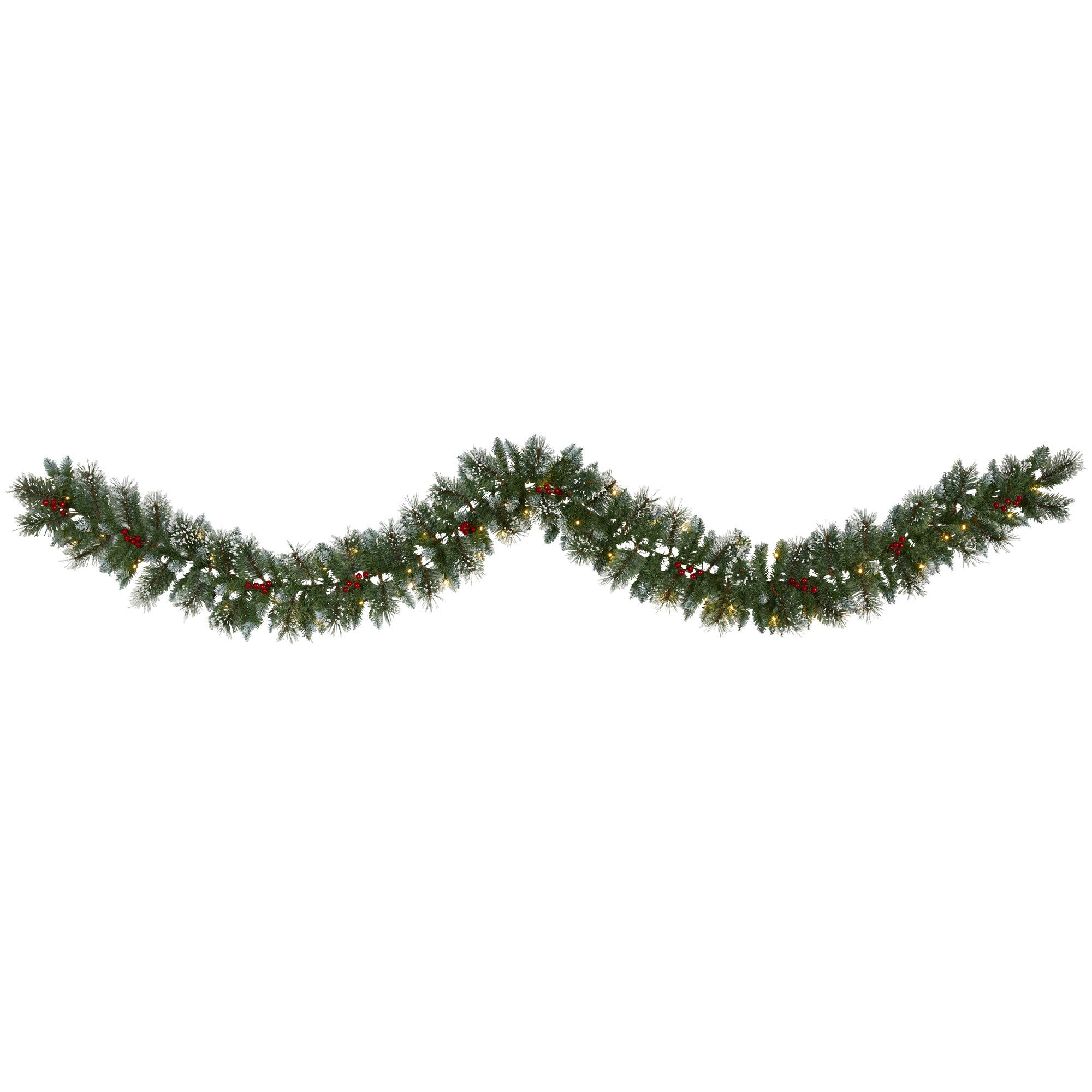  9’ Frosted Swiss Pine Artificial Garland with 50 Clear LED Lights and Berries 