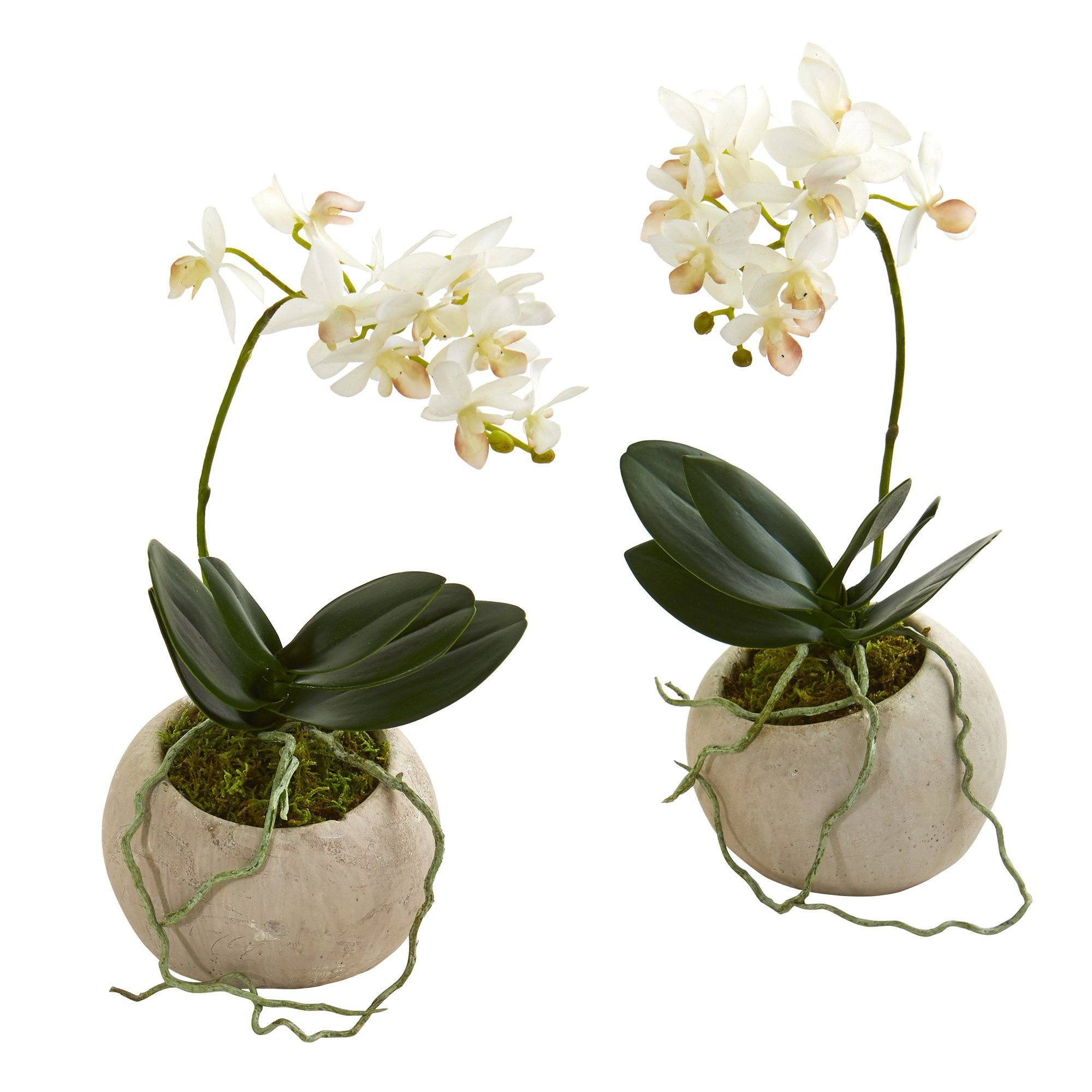  9” Mini Orchid Phalaenopsis Artificial Arrangement in Stone Vase (Set of 2) 