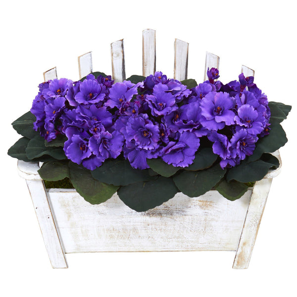 African Violet Artificial Plant in Wooden Bench Planter 6414 Nearly Natural