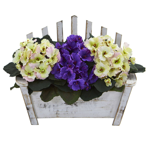 African Violet Artificial Plant in Wooden Bench Planter 6414 Nearly Natural