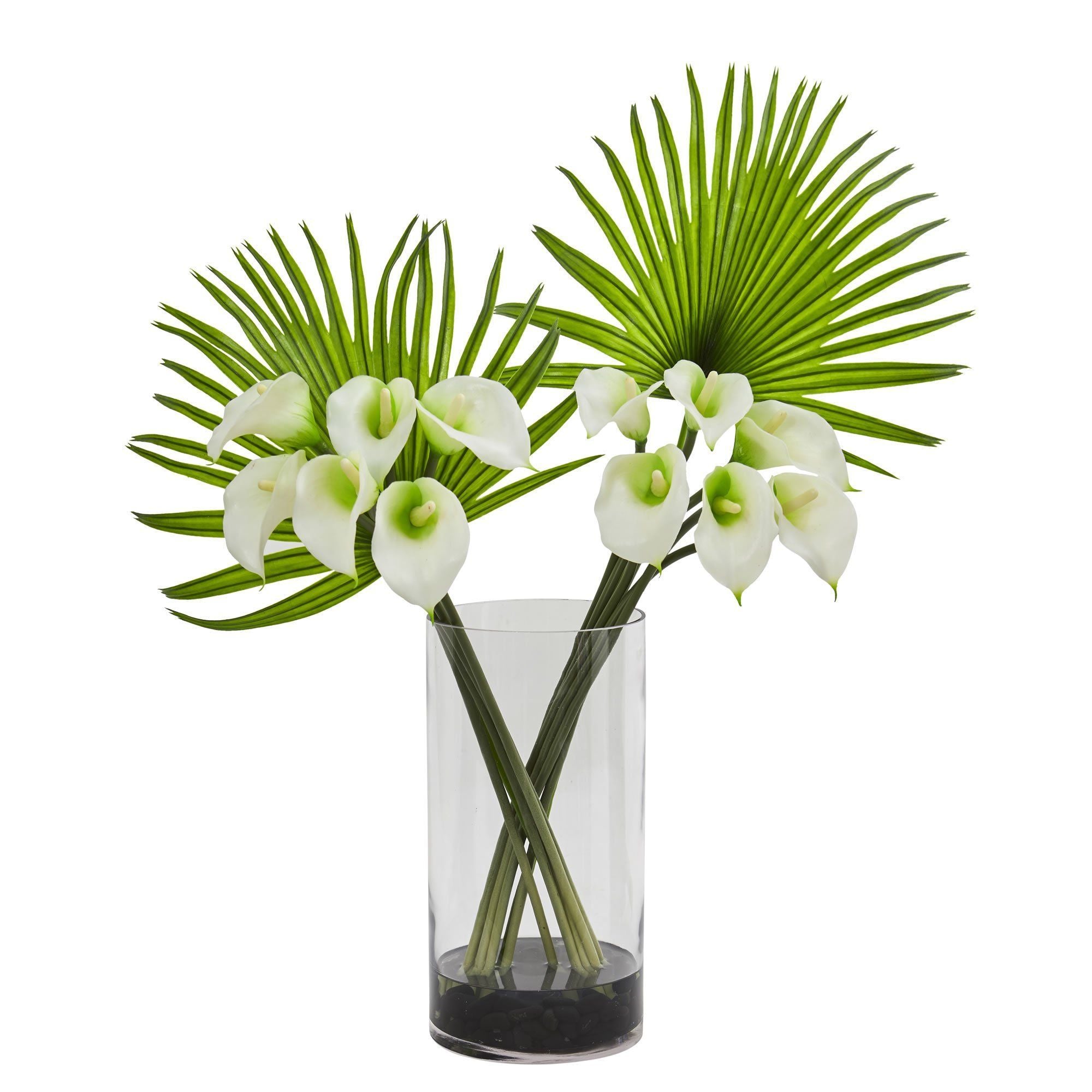  Calla Lily and Fan Palm Artificial Arrangement in Cylinder Glass 