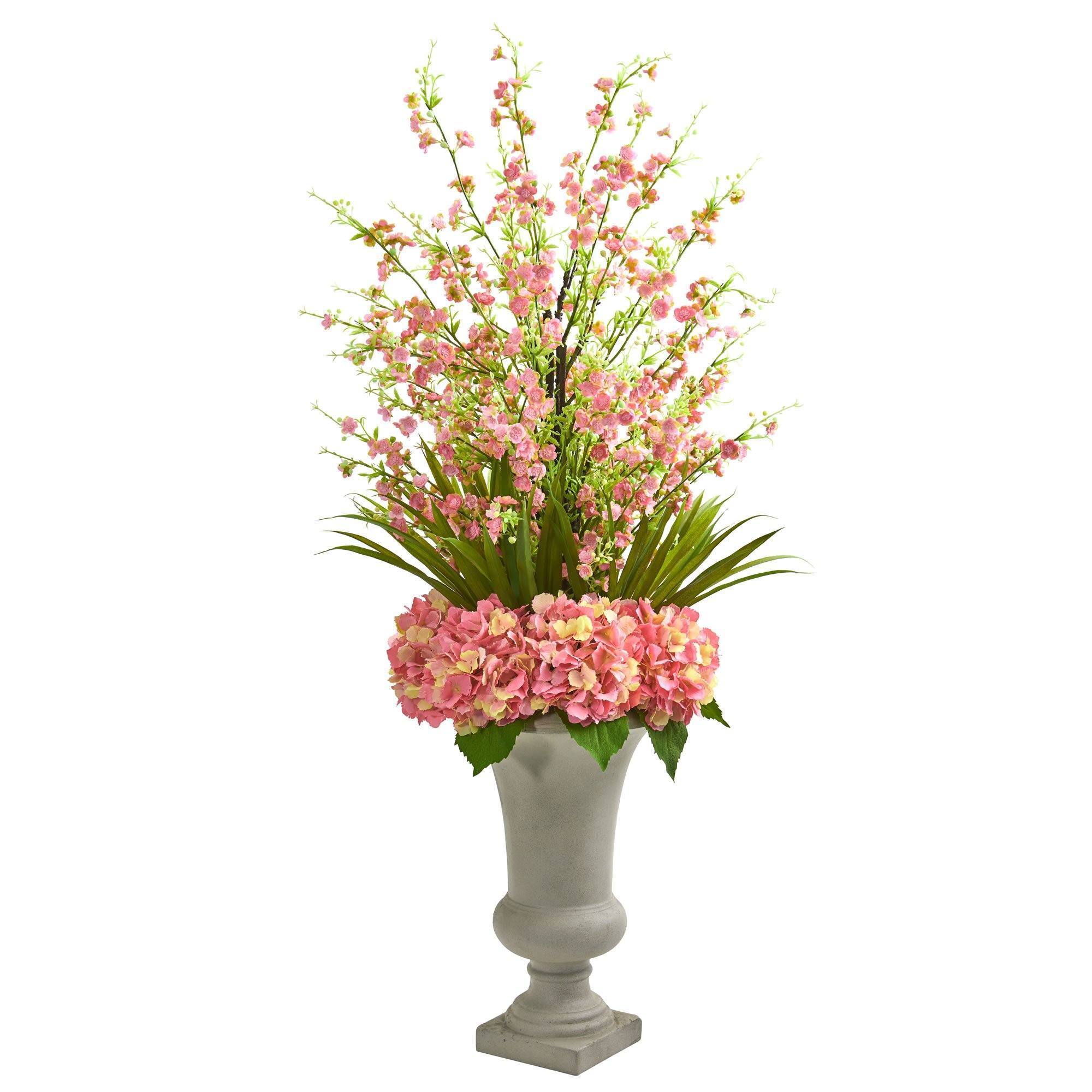  Cherry Blossom & Hydrangeas Artificial Arrangement in Urn 