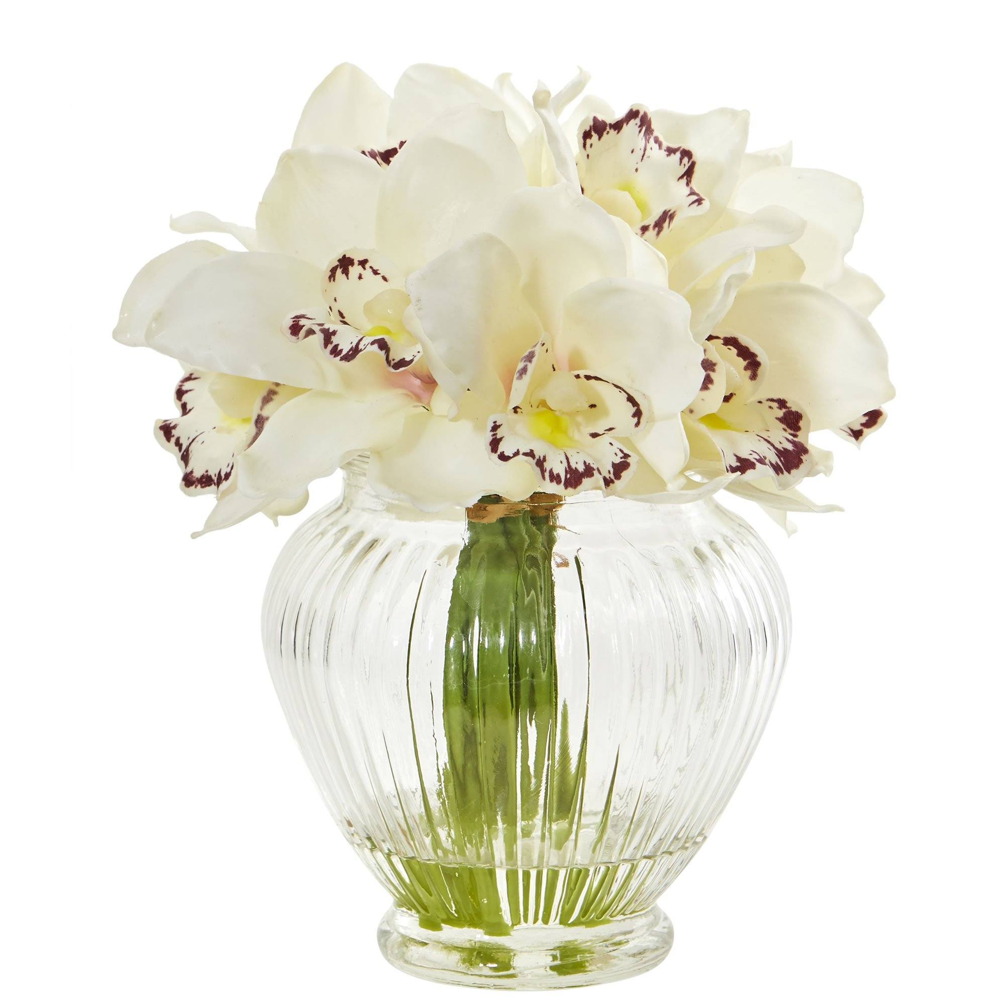  Faux Cymbidium Orchid Artificial Arrangement in Glass Vase 