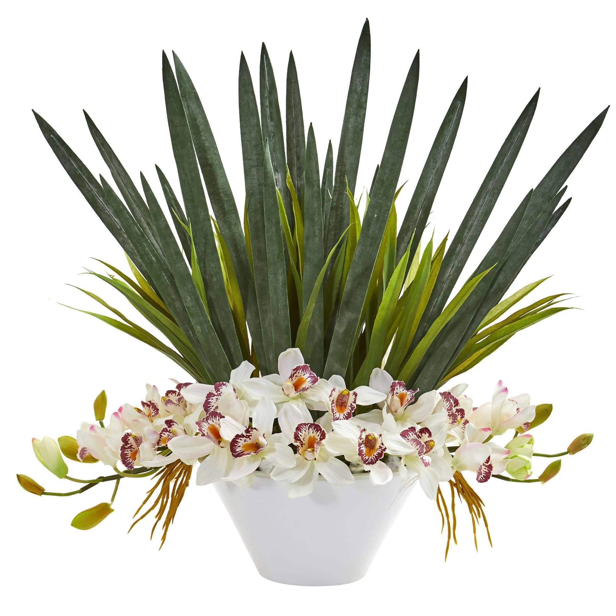 Cymbidium Orchid Artificial Arrangement In White Bowl 1705 Nearly Natural 