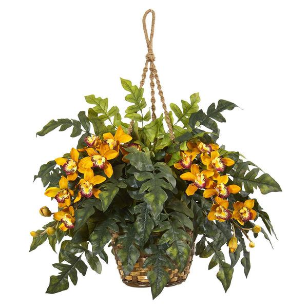 Cymbidium Orchid & Fern Artificial Arrangement in Hanging Basket 8395 ...