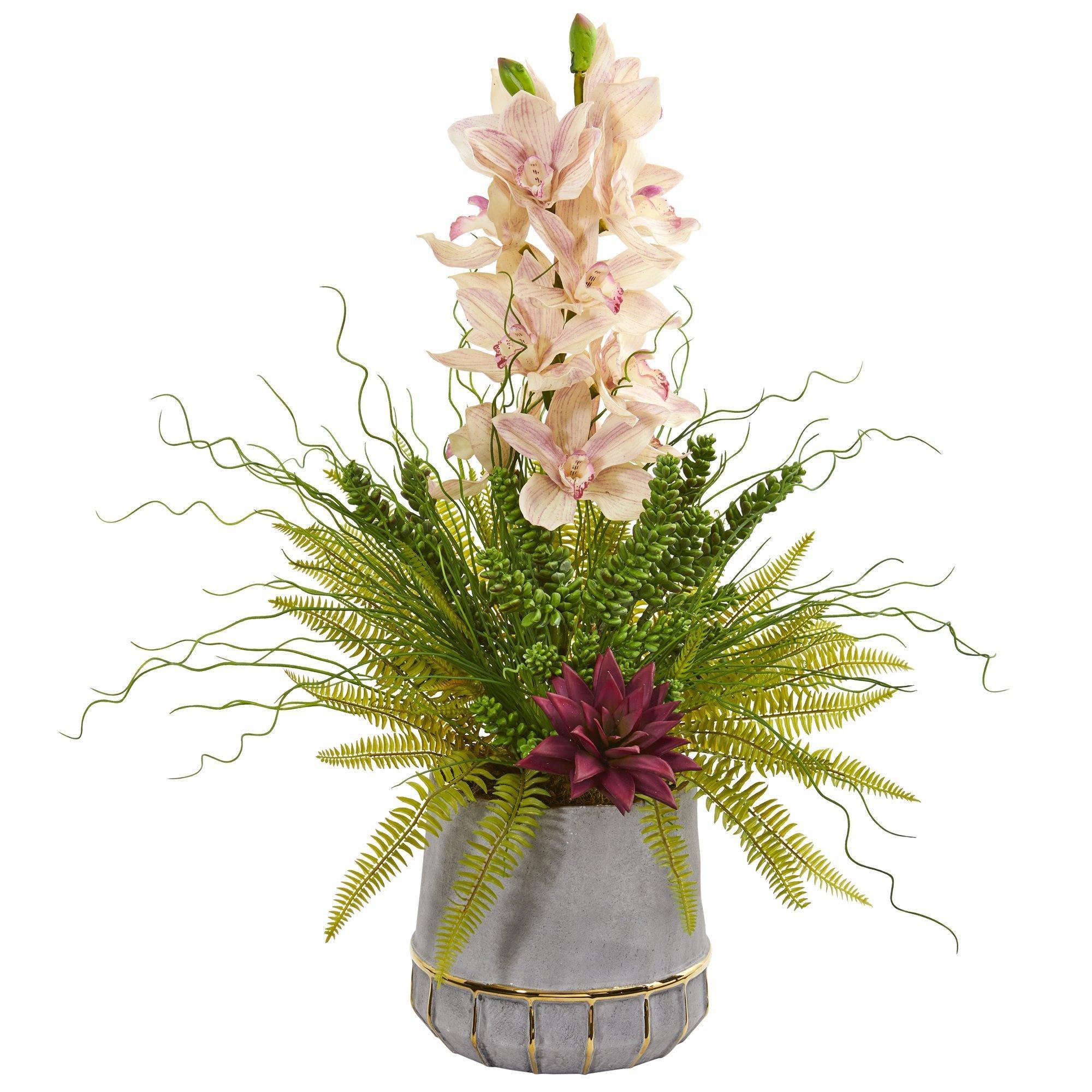  Cymbidium Orchid, Succulent and Grass Artificial Arrangement 