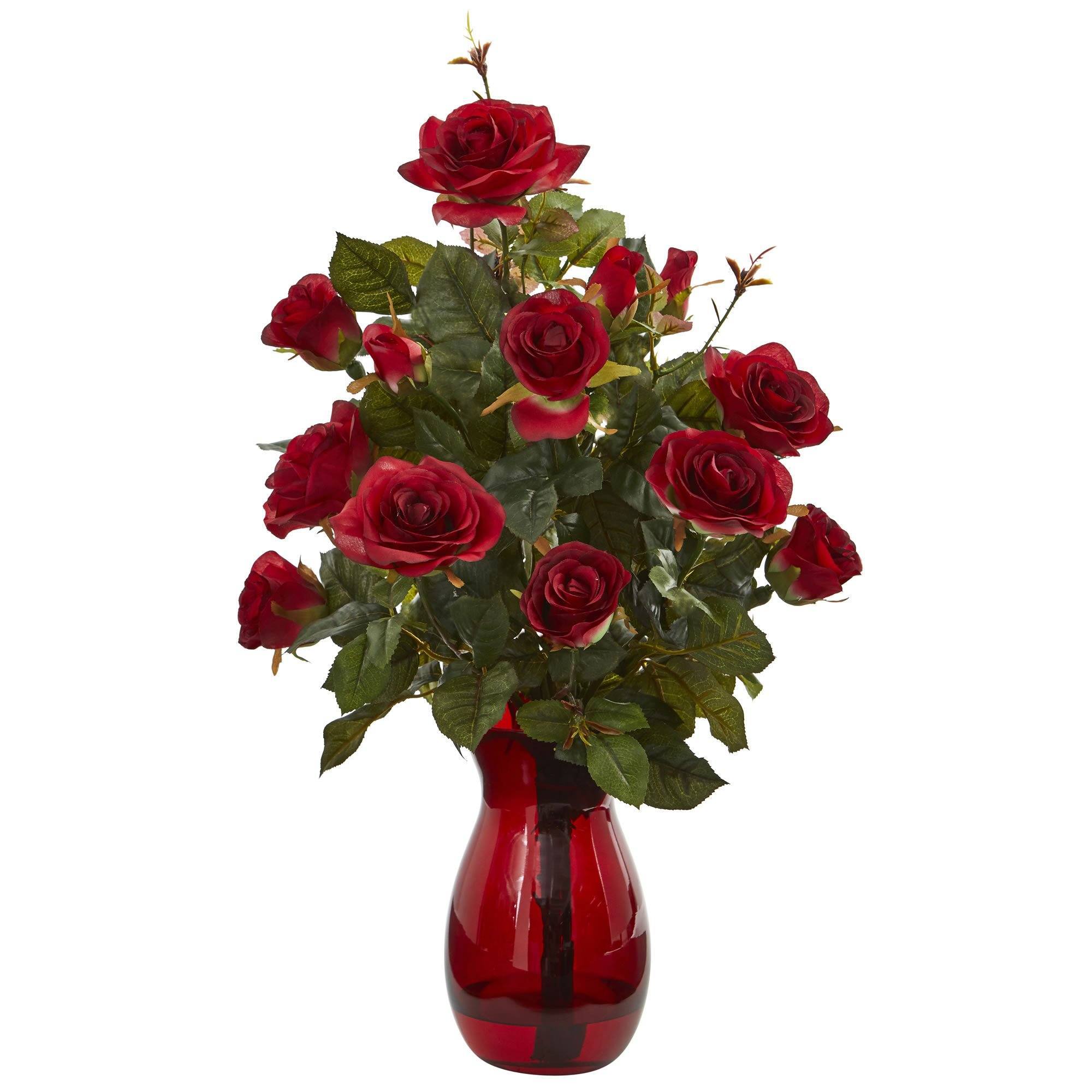  Garden Rose Artificial Arrangement in Red Vase 