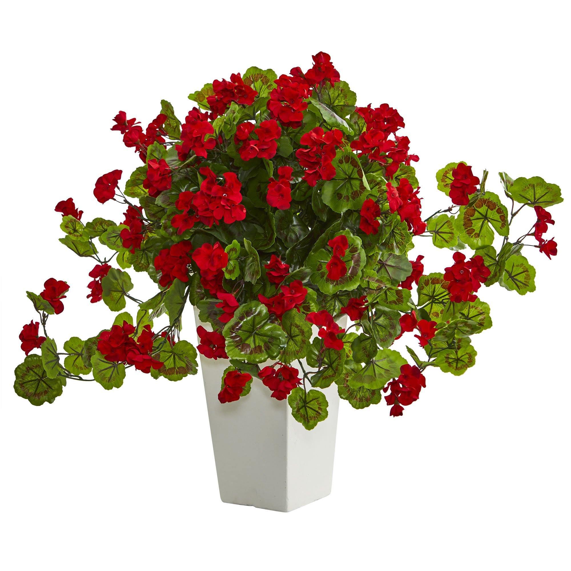 Geranium Artificial Plant in White Tower Planter 6367 Nearly Natural