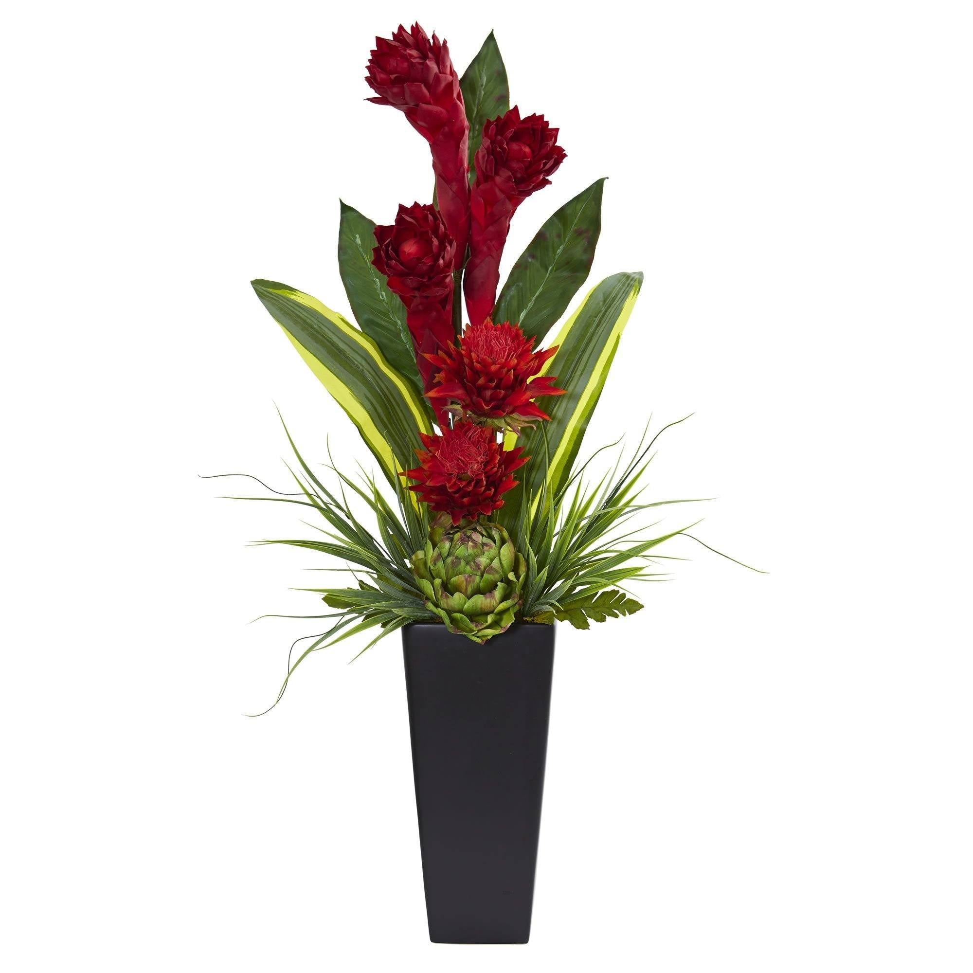  Ginger and Artichoke Artificial Tropical Arrangement in Black Vase 