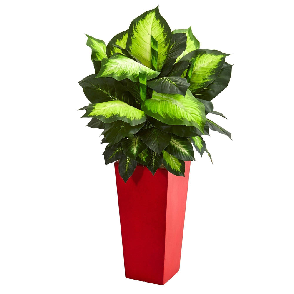 Golden Dieffenbachia Artificial Plant In Red Planter Nearly Natural