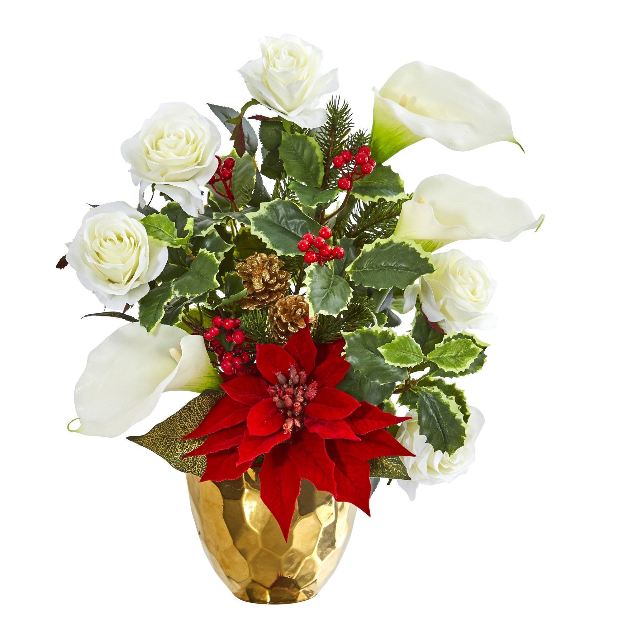  Holiday Inspired Artificial Arrangement in Gold Vase 