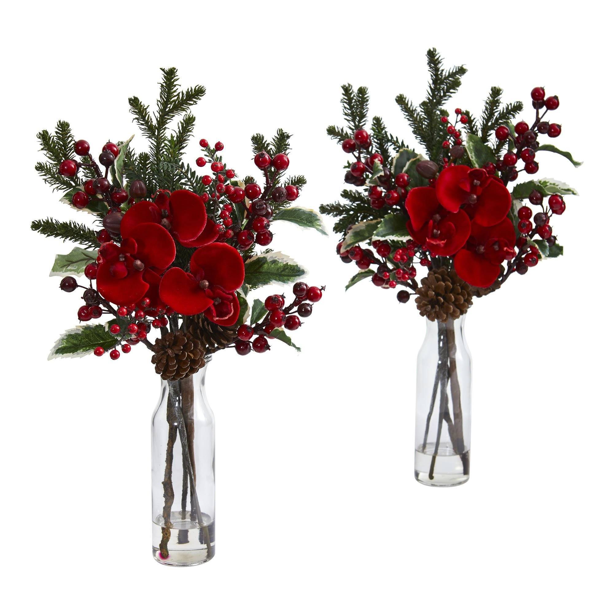  Holly Berry and Orchid Artificial Arrangement in Vase (Set of 2) 