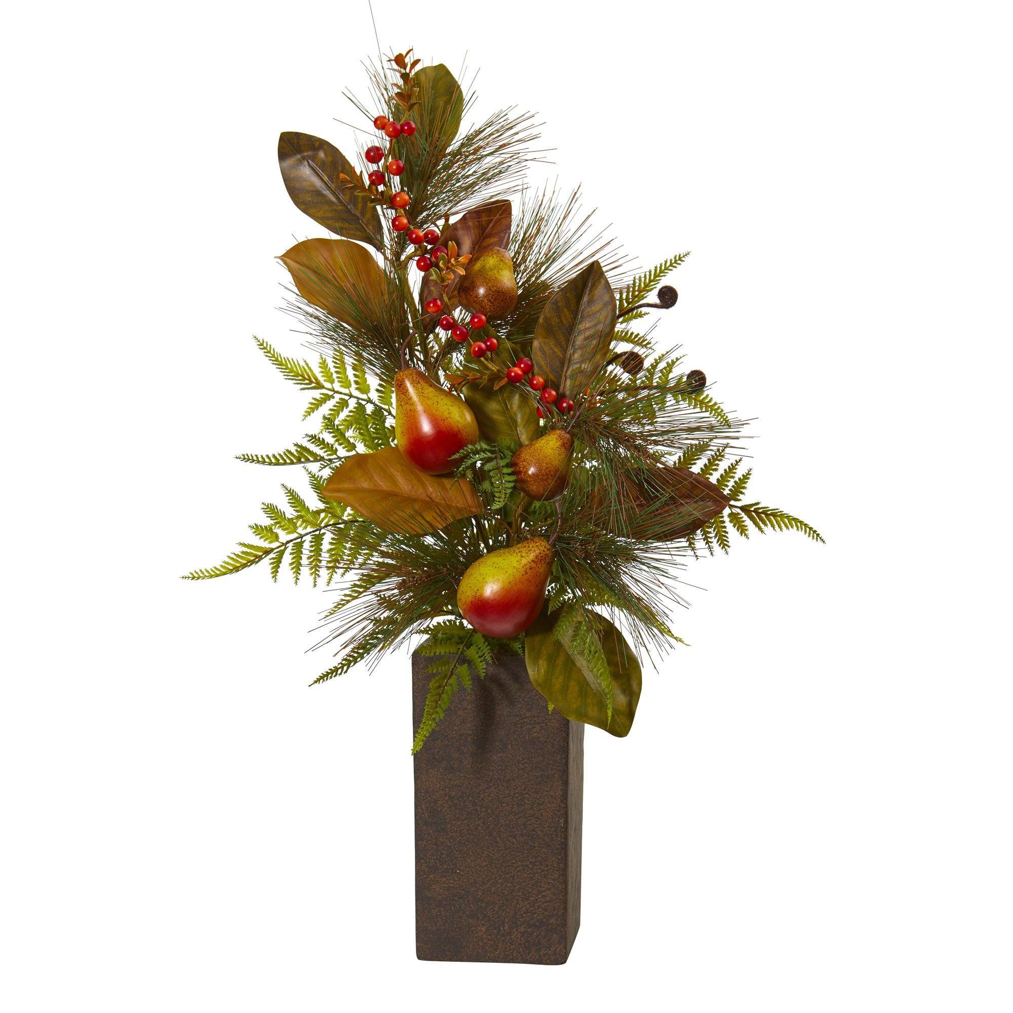  Pears, Magnolia Leaf and Fern Artificial Arrangement in Weathered Brown Planter 