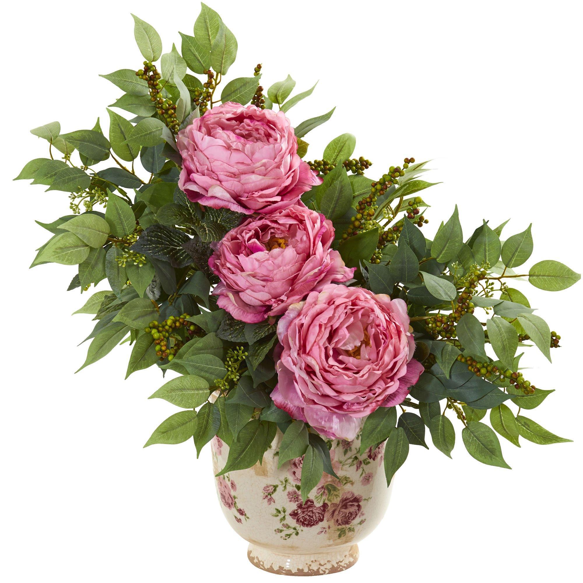  Peony and Mixed Greens Artificial Arrangement in Vase 