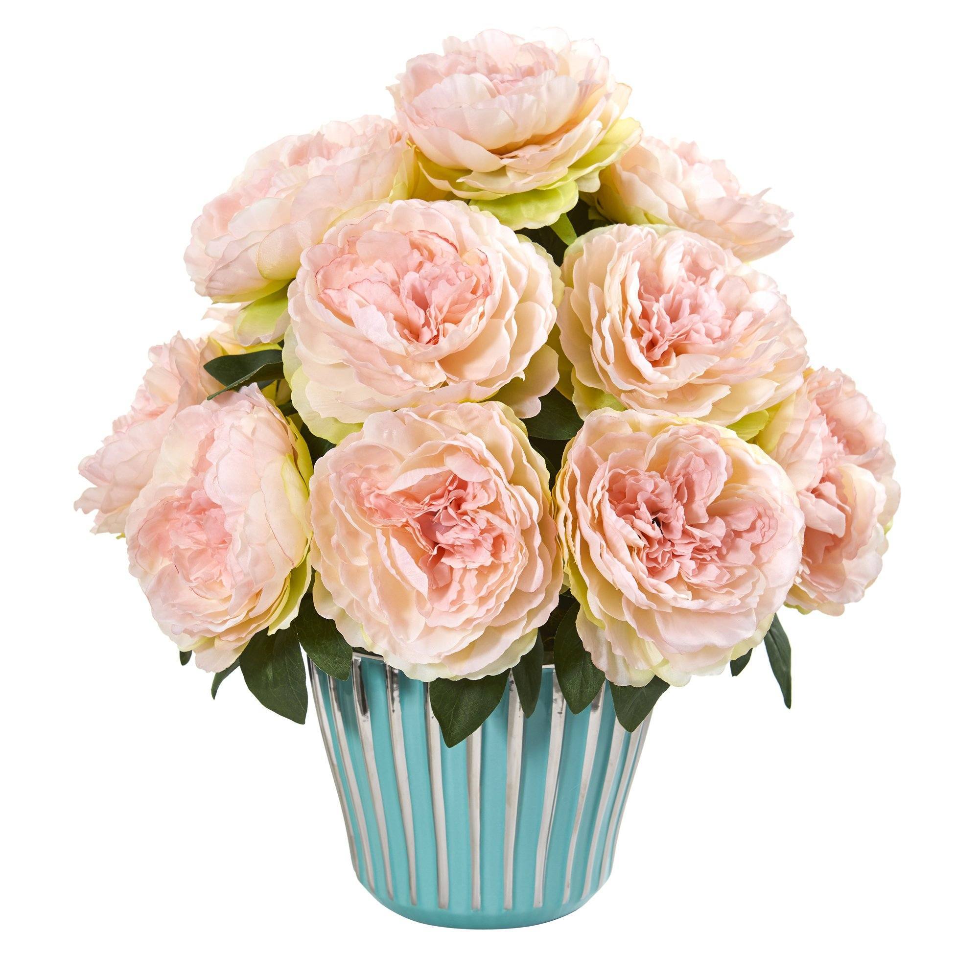  Peony Artificial Arrangement in Turquoise Vase 