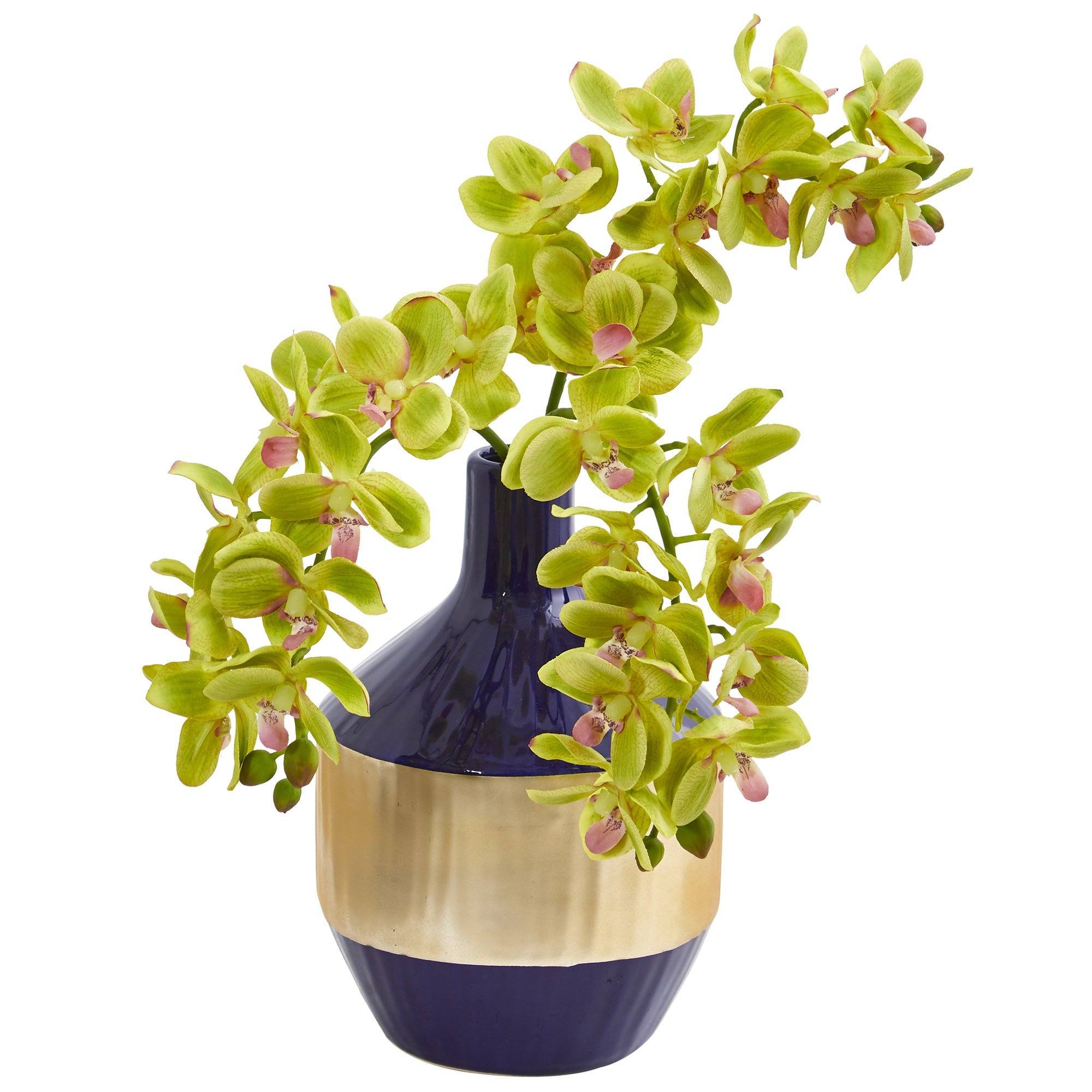  Phalaenopsis Orchid Artificial in Blue and Gold Designer Vase 