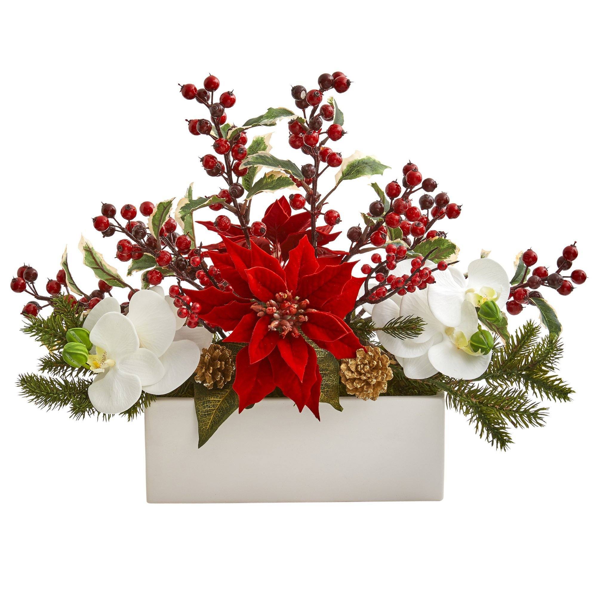 Phalaenopsis Orchid, Poinsettia and Holly Berry Artificial Arrangement ...