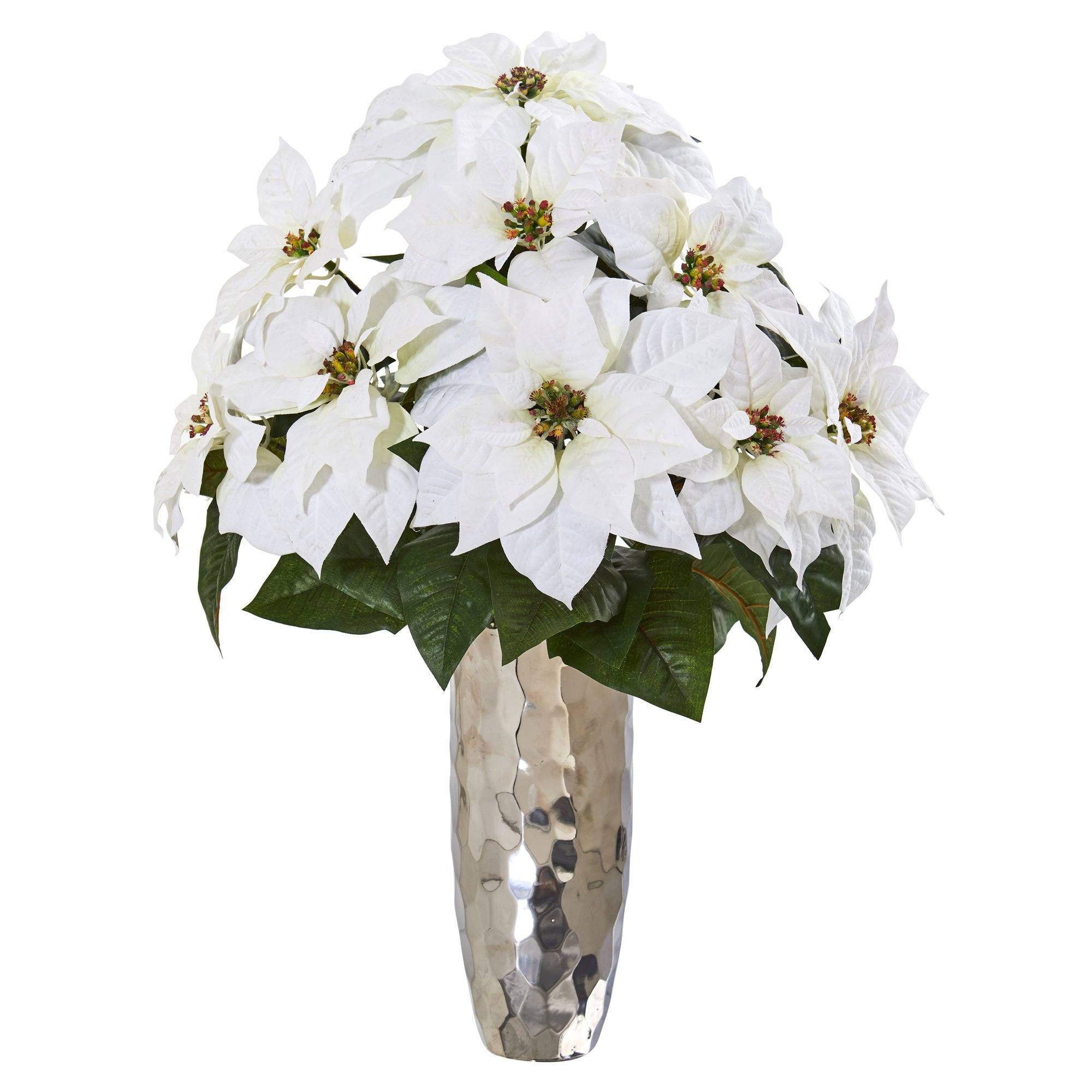  Poinsettia Artificial Arrangement in Silver Cylinder Vase 