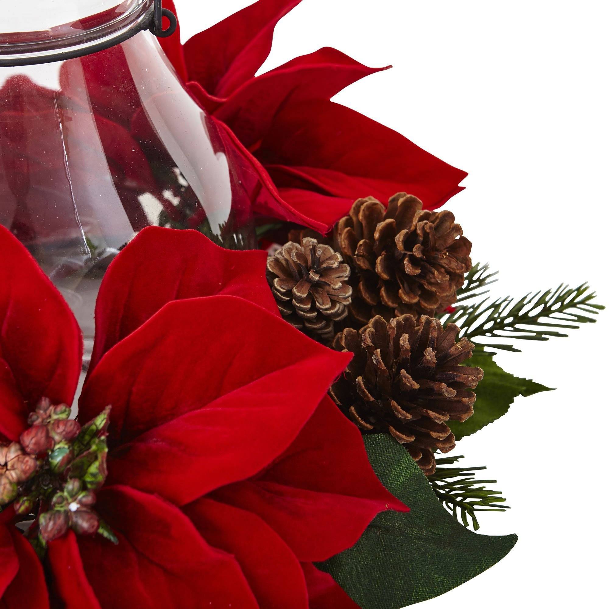 15” Holiday Poinsettia, Pinecone and Greenery with Lantern and LED