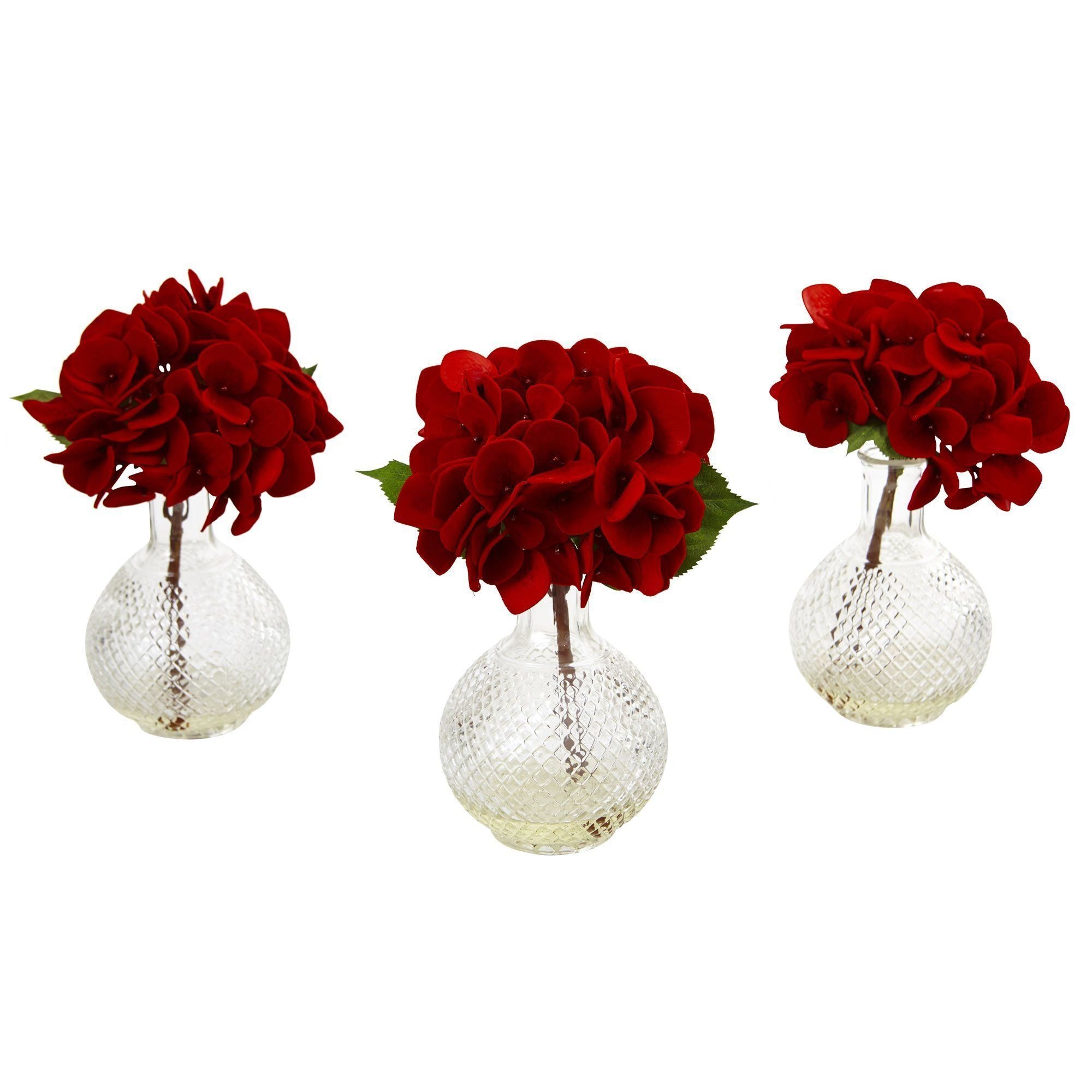  Red Hydrangea w/Glass Vase (Set of 3) 